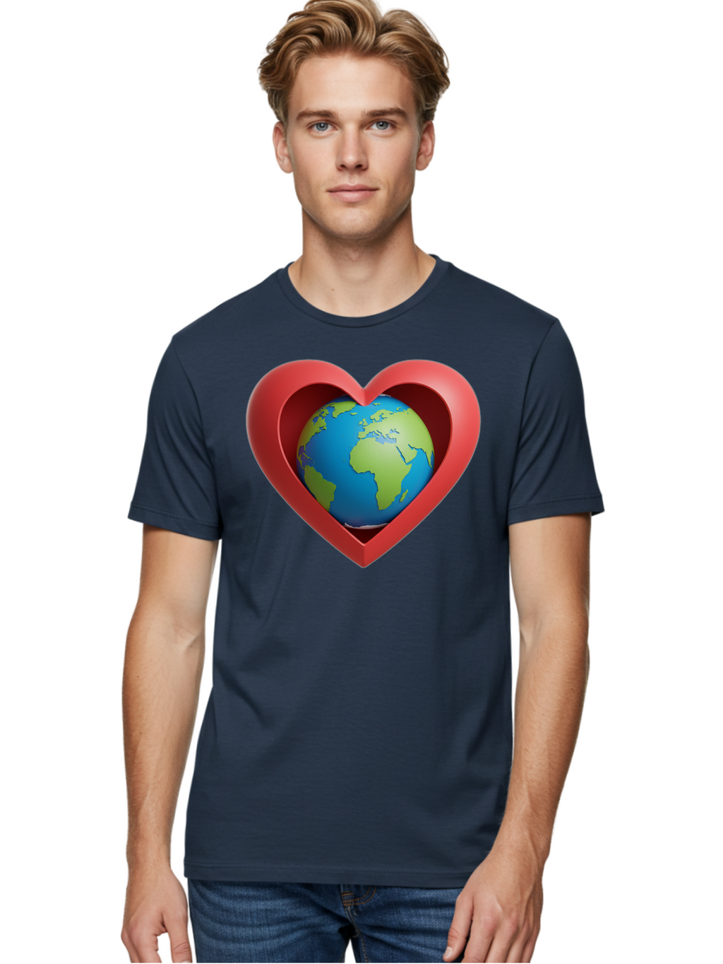Earth-In-Heart-1 Men'S Graphic Tee, 100% Cotton, Comfortable Casual Summer Wear, Machine Washable, Globe Inside A Heart, 3D Rendering, Symbol Of Love For Earth, Environmental Awareness, Eco-Friendly, Global Unity, Caring For Planet Baa581