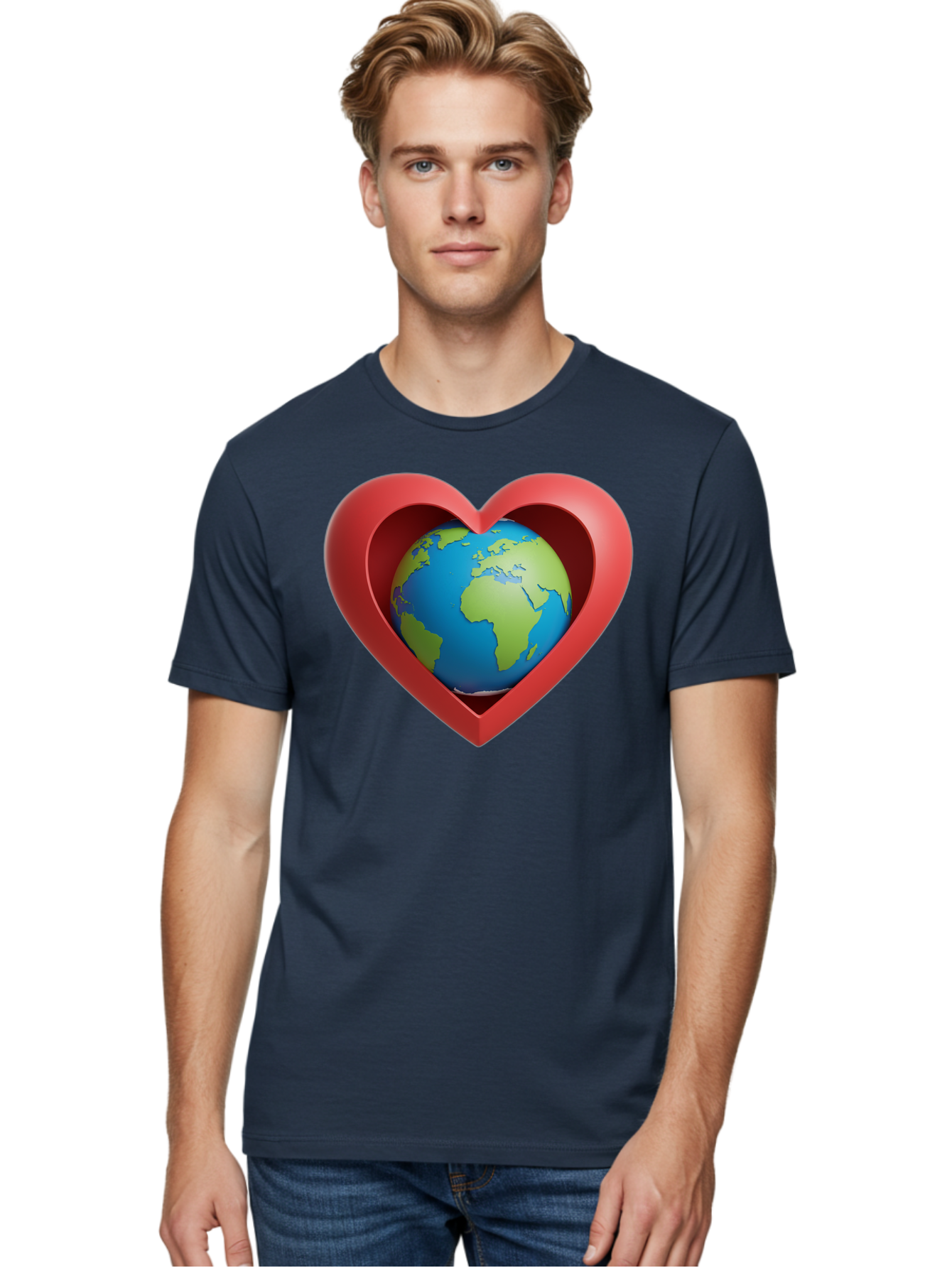 Earth-In-Heart-1 Men'S Graphic Tee, 100% Cotton, Comfortable Casual Summer Wear, Machine Washable, Globe Inside A Heart, 3D Rendering, Symbol Of Love For Earth, Environmental Awareness, Eco-Friendly, Global Unity, Caring For Planet Baa581