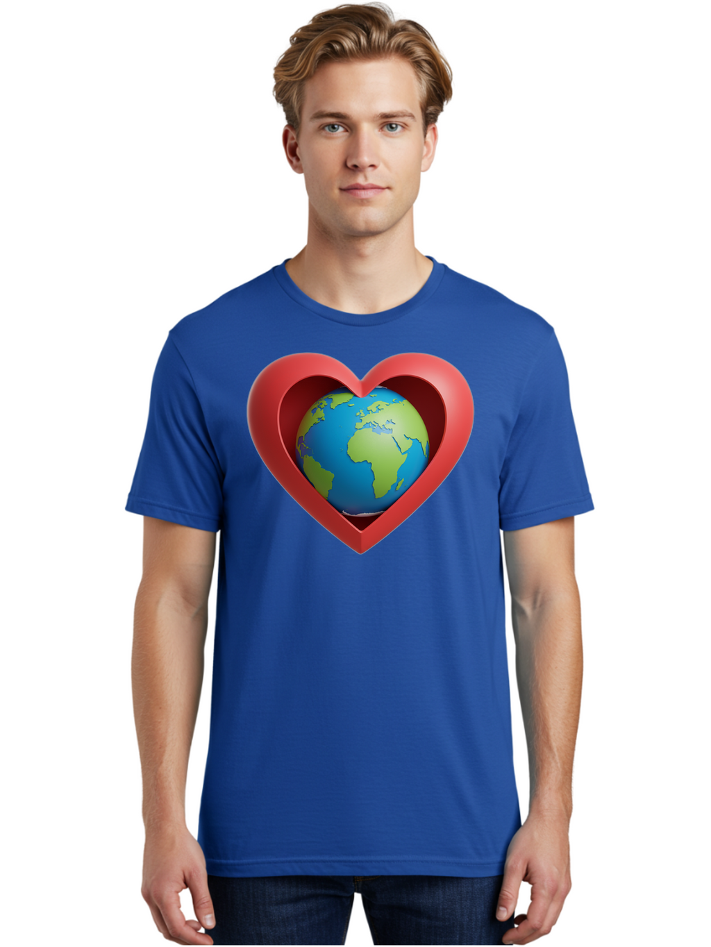 Earth-In-Heart-1 Men'S Graphic Tee, 100% Cotton, Comfortable Casual Summer Wear, Machine Washable, Globe Inside A Heart, 3D Rendering, Symbol Of Love For Earth, Environmental Awareness, Eco-Friendly, Global Unity, Caring For Planet Baa581