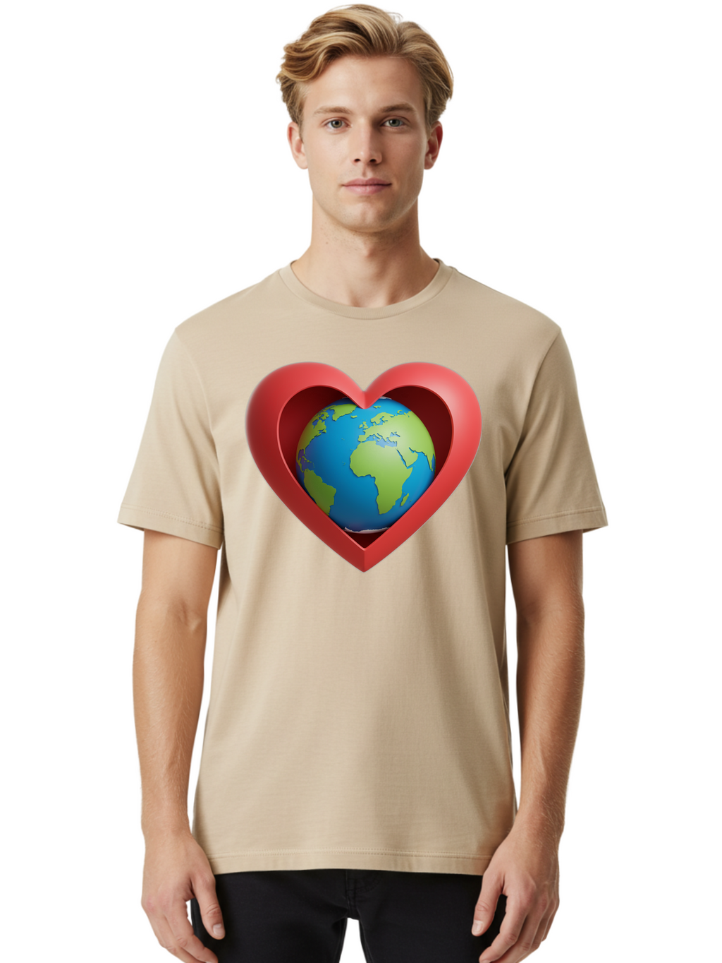 Earth-In-Heart-1 Men'S Graphic Tee, 100% Cotton, Comfortable Casual Summer Wear, Machine Washable, Globe Inside A Heart, 3D Rendering, Symbol Of Love For Earth, Environmental Awareness, Eco-Friendly, Global Unity, Caring For Planet Baa581