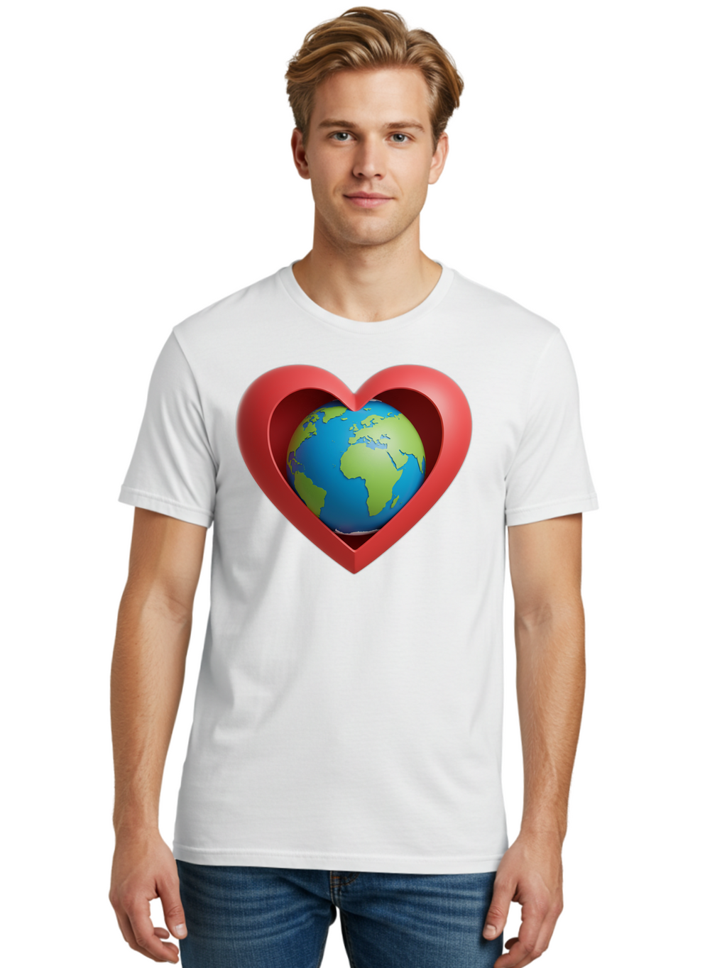 Earth-In-Heart-1 Men'S Graphic Tee, 100% Cotton, Comfortable Casual Summer Wear, Machine Washable, Globe Inside A Heart, 3D Rendering, Symbol Of Love For Earth, Environmental Awareness, Eco-Friendly, Global Unity, Caring For Planet Baa581