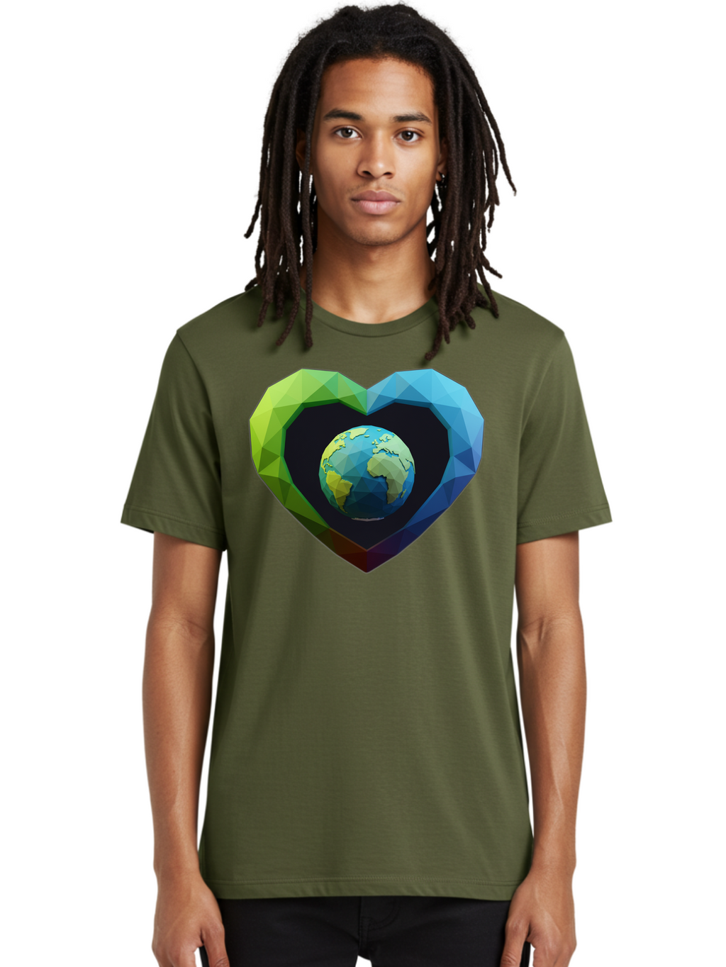 Earth-In-Heart-2 Men'S Graphic Tee, 100% Cotton, Comfortable Casual Summer Wear, Machine Washable, Globe In The Heart, Low Poly Art, Earth Love, Eco Friendly, Environmental Awareness, Blue And Green Hues, Polygonal Heart, Earth Centered, Baa582