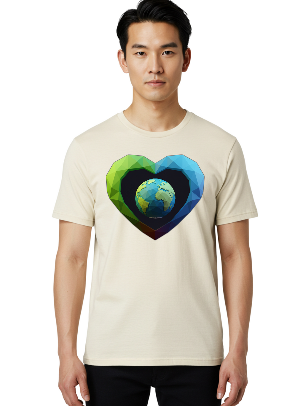 Earth-In-Heart-2 Men'S Graphic Tee, 100% Cotton, Comfortable Casual Summer Wear, Machine Washable, Globe In The Heart, Low Poly Art, Earth Love, Eco Friendly, Environmental Awareness, Blue And Green Hues, Polygonal Heart, Earth Centered, Baa582