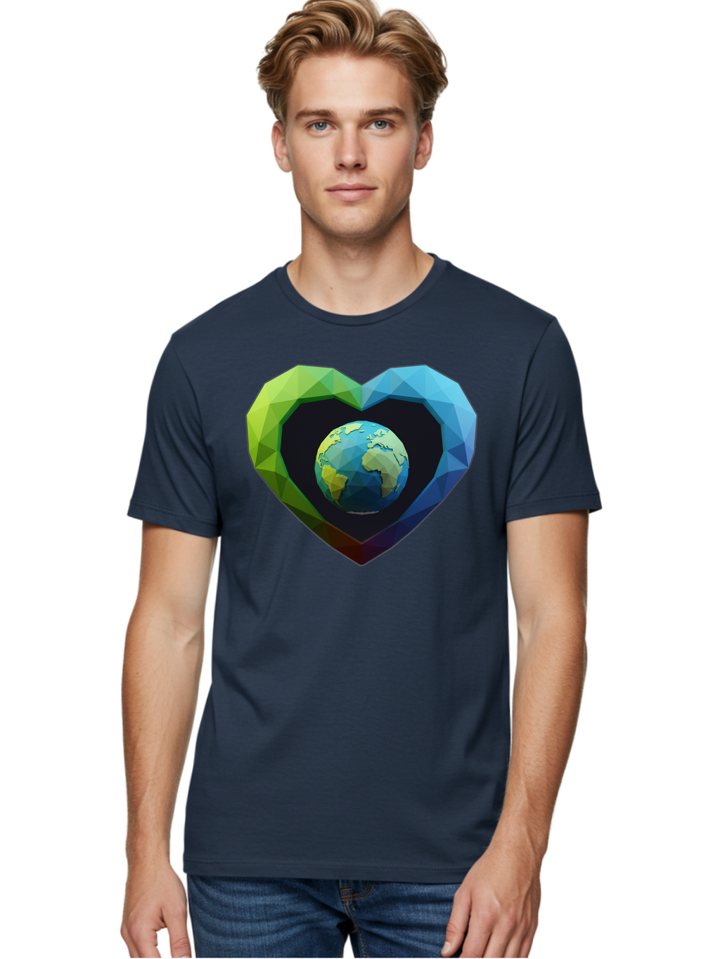 Earth-In-Heart-2 Men'S Graphic Tee, 100% Cotton, Comfortable Casual Summer Wear, Machine Washable, Globe In The Heart, Low Poly Art, Earth Love, Eco Friendly, Environmental Awareness, Blue And Green Hues, Polygonal Heart, Earth Centered, Baa582