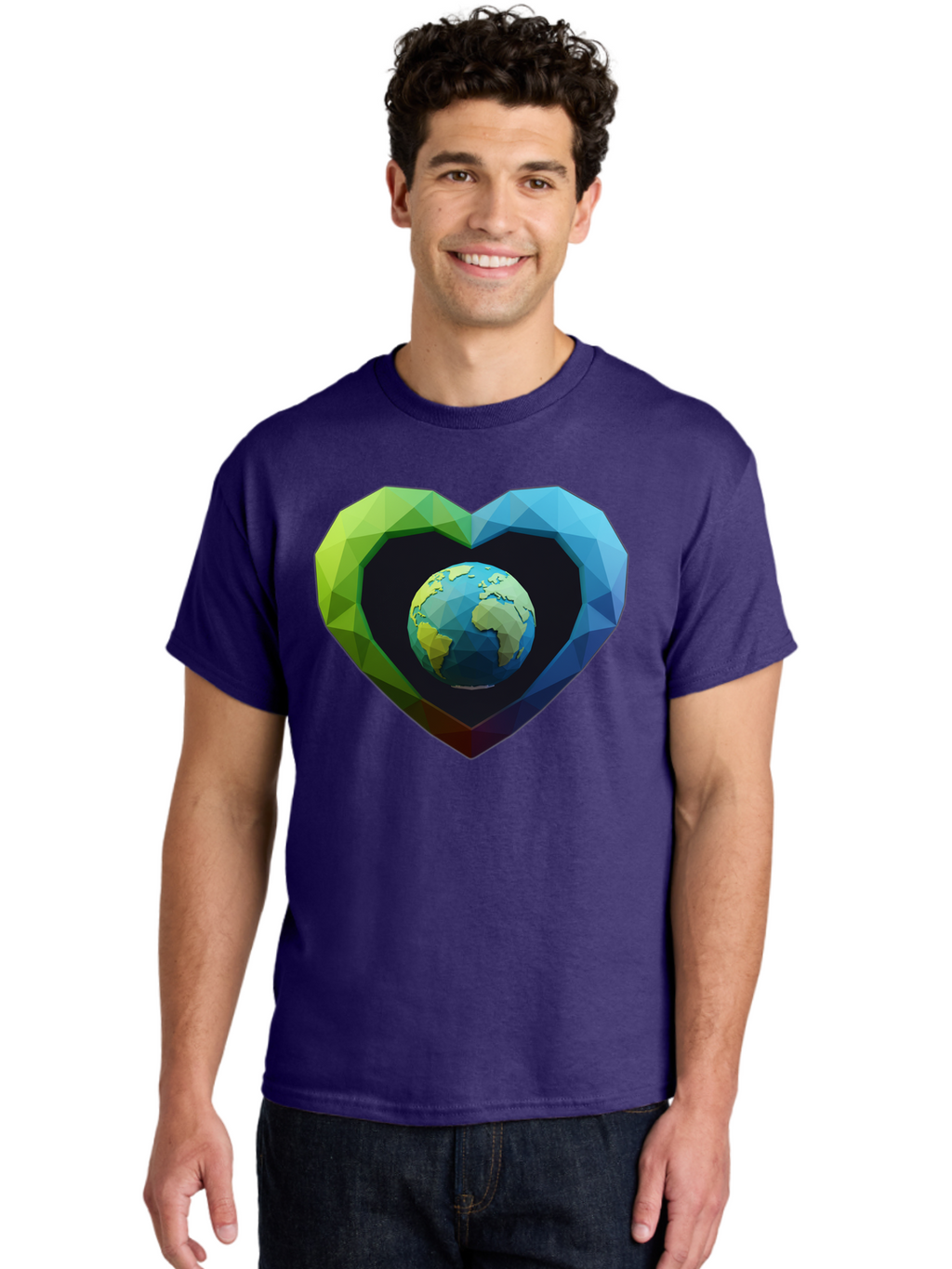Earth-In-Heart-2 Men'S Graphic Tee, 100% Cotton, Comfortable Casual Summer Wear, Machine Washable, Globe In The Heart, Low Poly Art, Earth Love, Eco Friendly, Environmental Awareness, Blue And Green Hues, Polygonal Heart, Earth Centered, Baa582