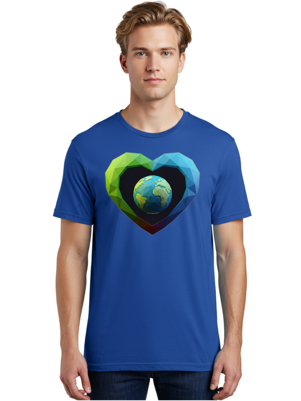 Earth-In-Heart-2 Men'S Graphic Tee, 100% Cotton, Comfortable Casual Summer Wear, Machine Washable, Globe In The Heart, Low Poly Art, Earth Love, Eco Friendly, Environmental Awareness, Blue And Green Hues, Polygonal Heart, Earth Centered, Baa582