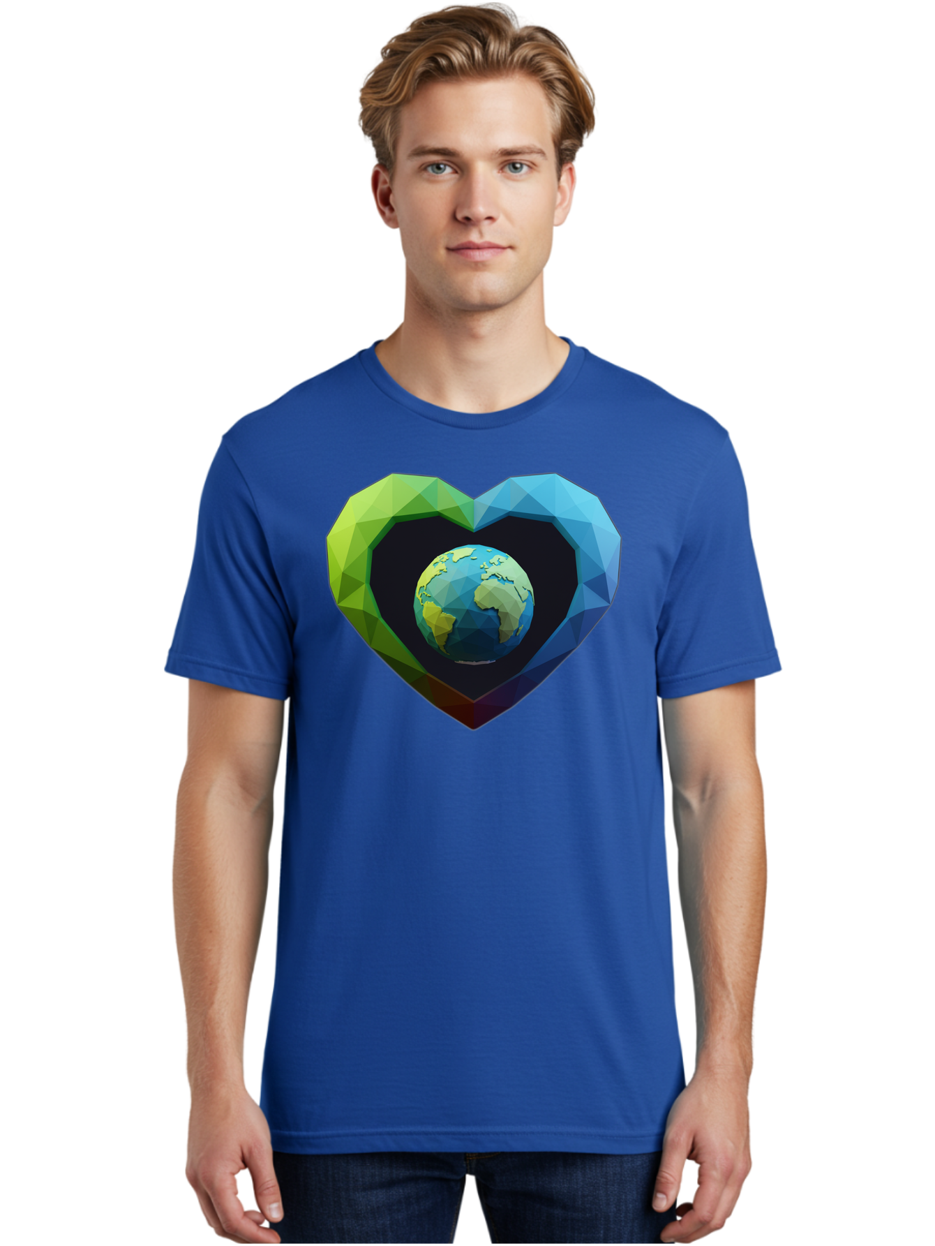 Earth-In-Heart-2 Men'S Graphic Tee, 100% Cotton, Comfortable Casual Summer Wear, Machine Washable, Globe In The Heart, Low Poly Art, Earth Love, Eco Friendly, Environmental Awareness, Blue And Green Hues, Polygonal Heart, Earth Centered, Baa582