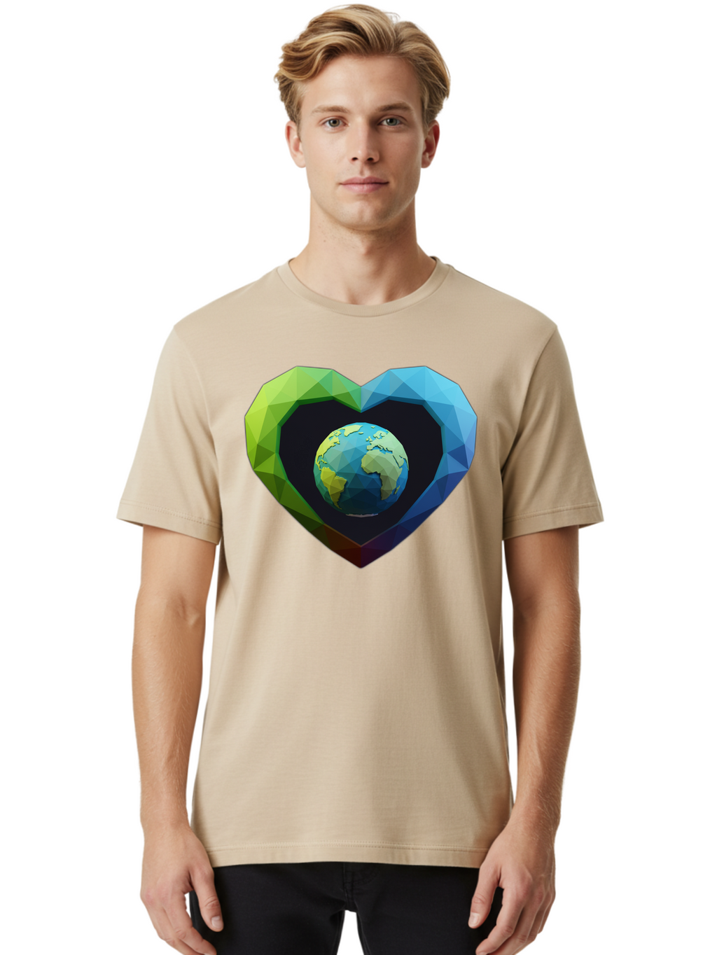 Earth-In-Heart-2 Men'S Graphic Tee, 100% Cotton, Comfortable Casual Summer Wear, Machine Washable, Globe In The Heart, Low Poly Art, Earth Love, Eco Friendly, Environmental Awareness, Blue And Green Hues, Polygonal Heart, Earth Centered, Baa582