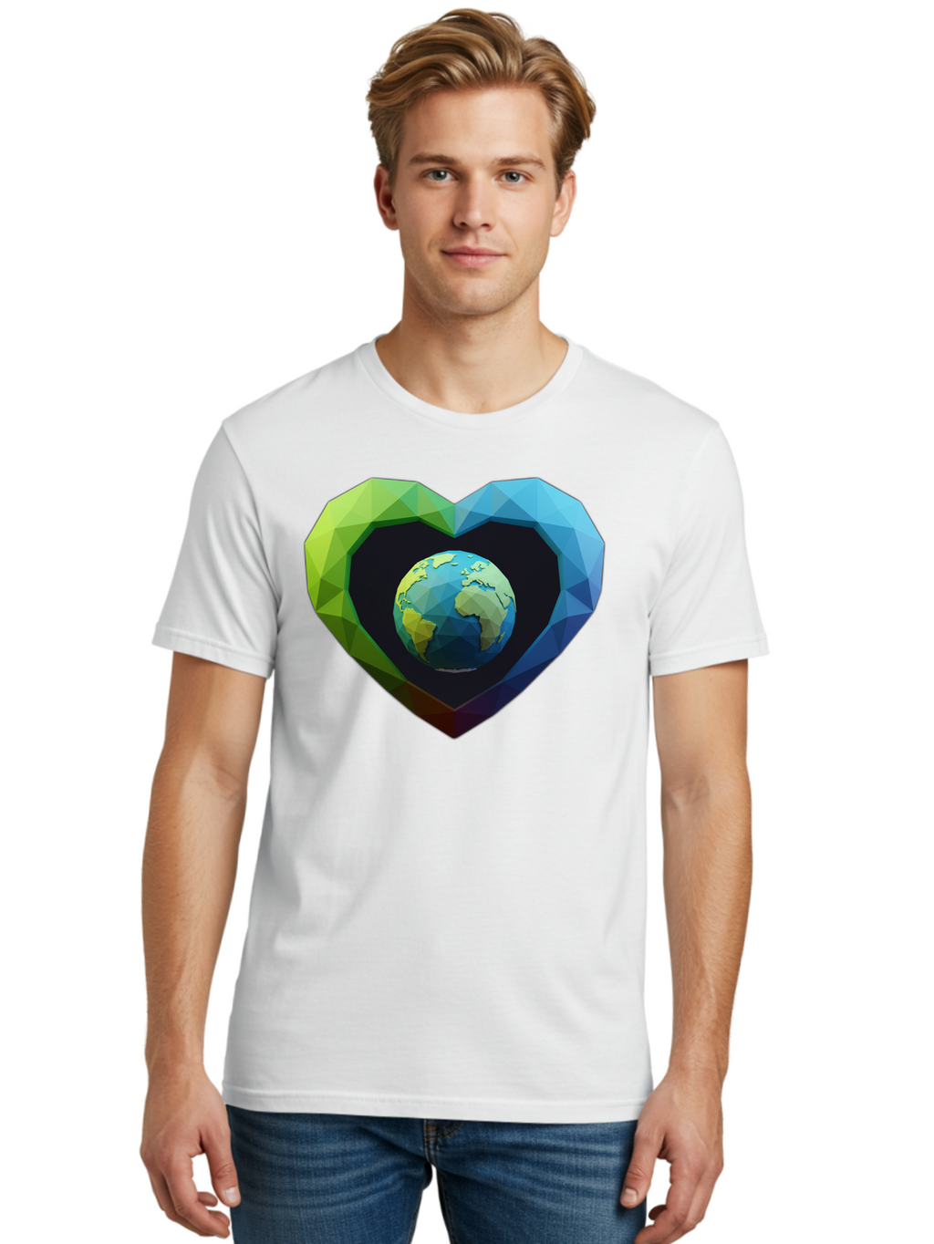 Earth-In-Heart-2 Men'S Graphic Tee, 100% Cotton, Comfortable Casual Summer Wear, Machine Washable, Globe In The Heart, Low Poly Art, Earth Love, Eco Friendly, Environmental Awareness, Blue And Green Hues, Polygonal Heart, Earth Centered, Baa582