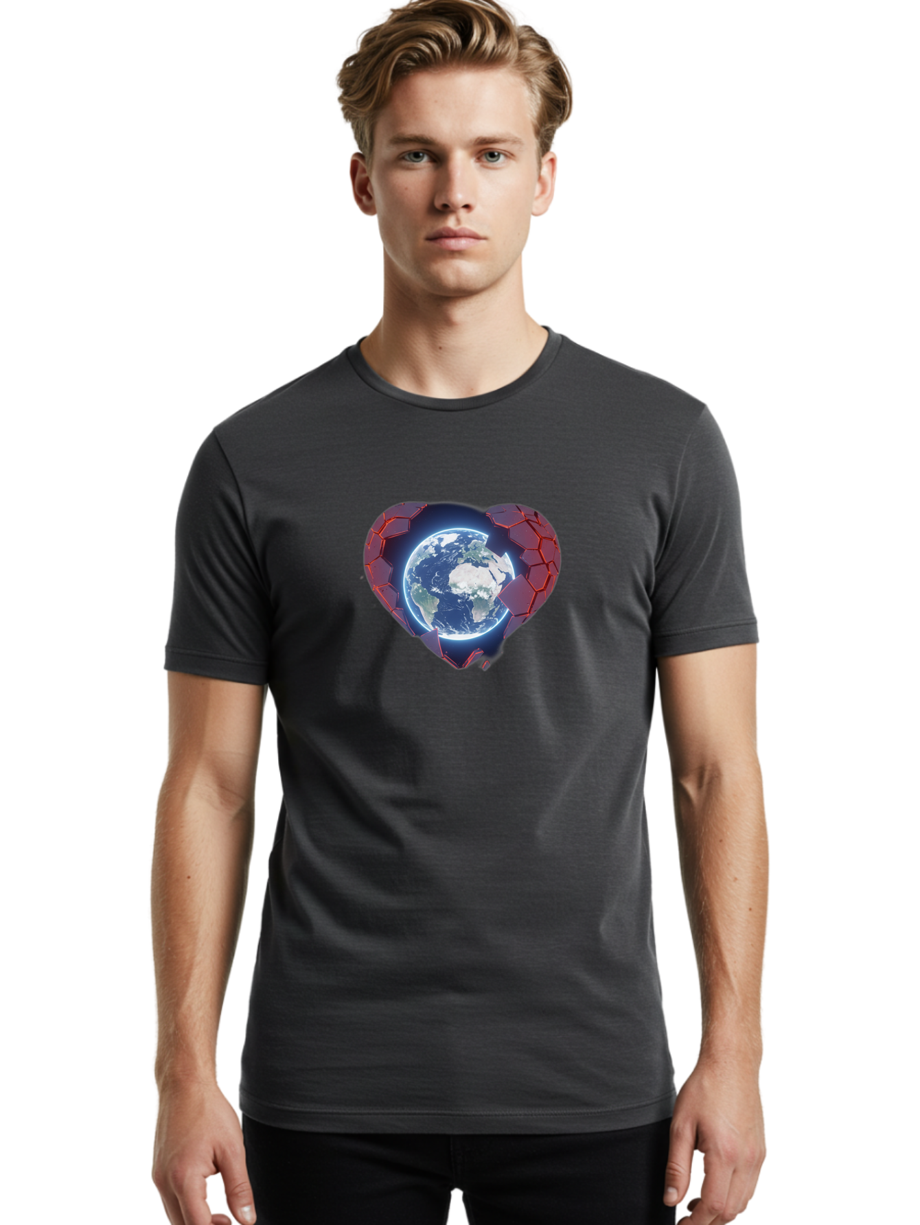 Earth-In-Heart-3 Men'S Graphic Tee, 100% Cotton, Comfortable Casual Summer Wear, Machine Washable, Globe In Heart Shape, Love For The Planet, Global Unity, Earth Protection, World Harmony, Futuristic Design, Heart-Shaped Armor, Baa583