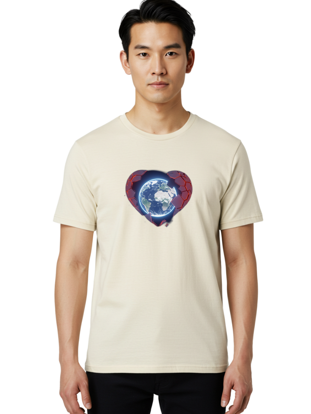 Earth-In-Heart-3 Men'S Graphic Tee, 100% Cotton, Comfortable Casual Summer Wear, Machine Washable, Globe In Heart Shape, Love For The Planet, Global Unity, Earth Protection, World Harmony, Futuristic Design, Heart-Shaped Armor, Baa583