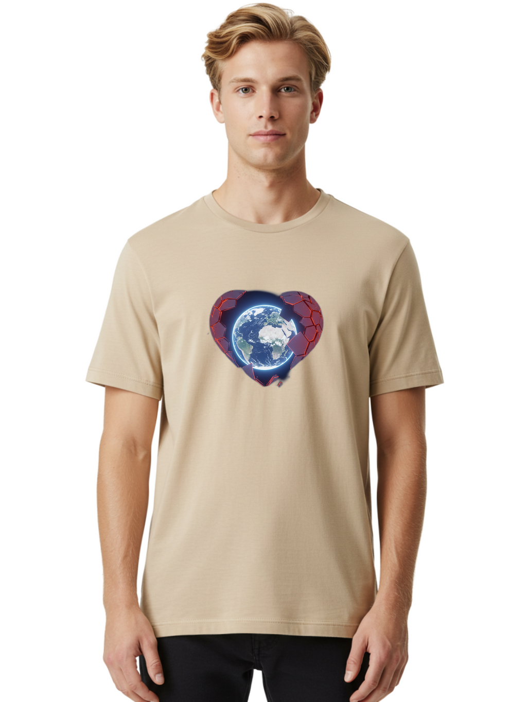 Earth-In-Heart-3 Men'S Graphic Tee, 100% Cotton, Comfortable Casual Summer Wear, Machine Washable, Globe In Heart Shape, Love For The Planet, Global Unity, Earth Protection, World Harmony, Futuristic Design, Heart-Shaped Armor, Baa583
