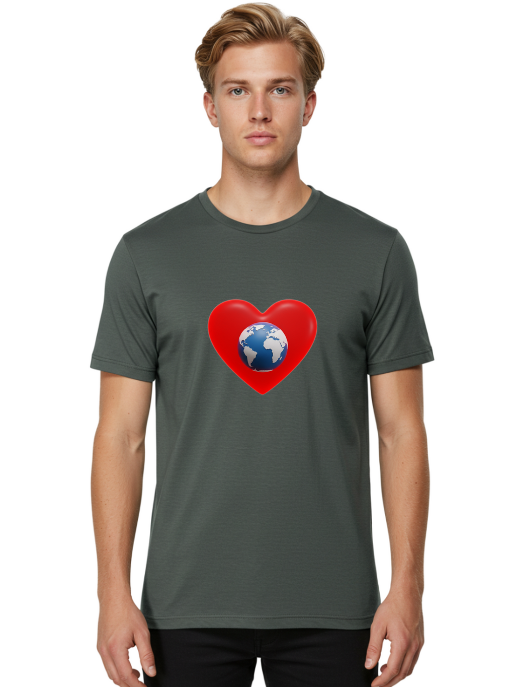 Earth-In-Heart Men'S Graphic Tee, 100% Cotton, Comfortable Casual Summer Wear, Machine Washable, Red Heart Shape, Earth Icon, Love Planet, Global Unity, Eco-Friendly Symbol, Heartwarming Imagery, World Love Baa584