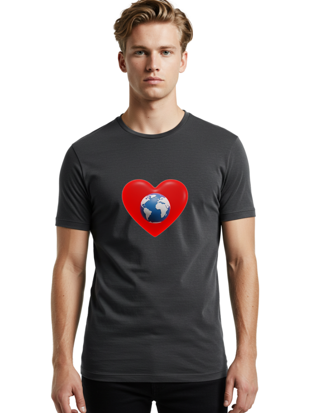 Earth-In-Heart Men'S Graphic Tee, 100% Cotton, Comfortable Casual Summer Wear, Machine Washable, Red Heart Shape, Earth Icon, Love Planet, Global Unity, Eco-Friendly Symbol, Heartwarming Imagery, World Love Baa584