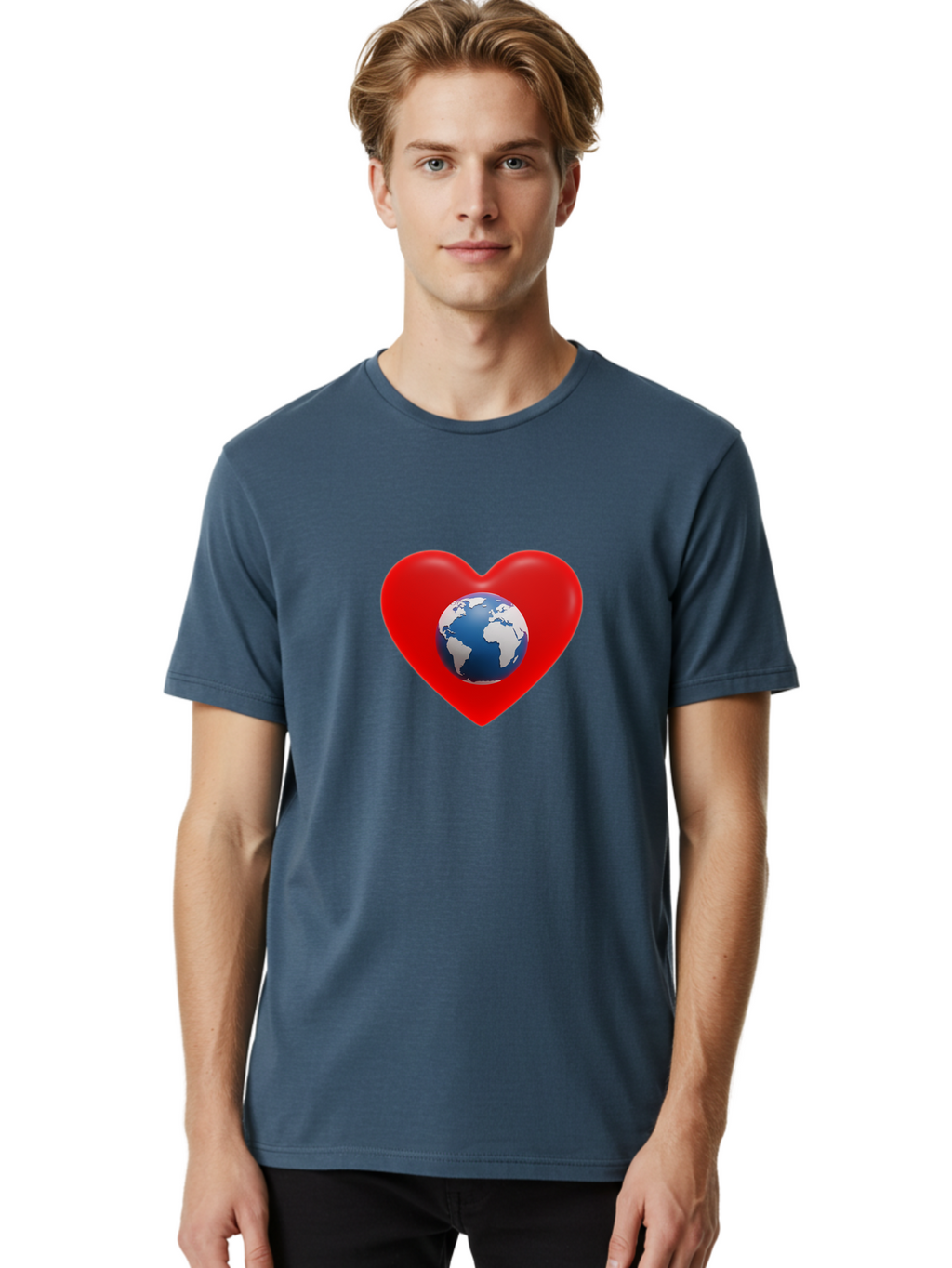 Earth-In-Heart Men'S Graphic Tee, 100% Cotton, Comfortable Casual Summer Wear, Machine Washable, Red Heart Shape, Earth Icon, Love Planet, Global Unity, Eco-Friendly Symbol, Heartwarming Imagery, World Love Baa584