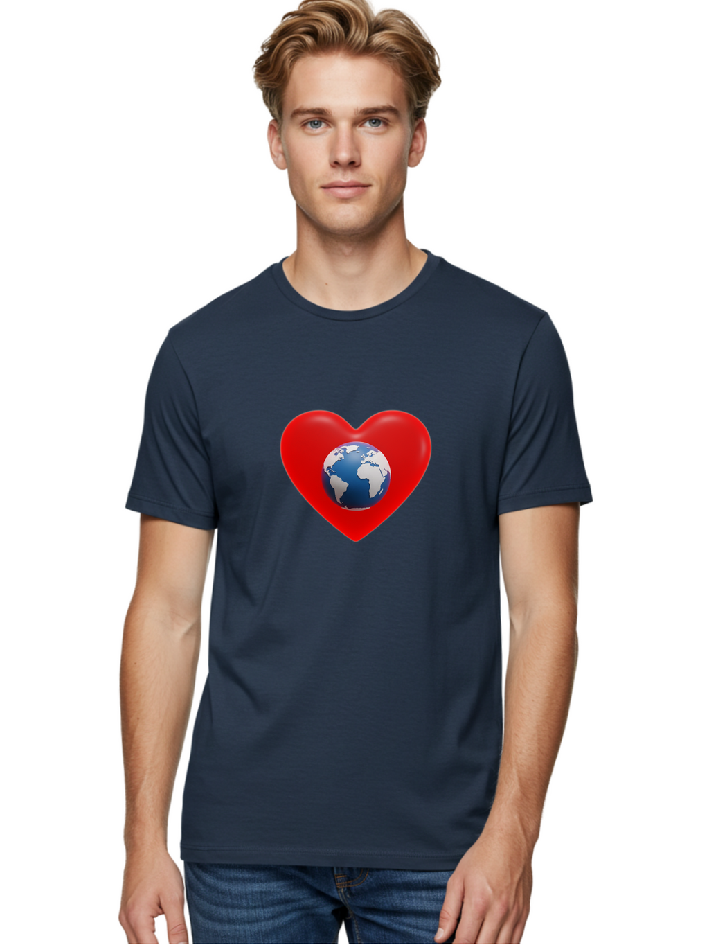 Earth-In-Heart Men'S Graphic Tee, 100% Cotton, Comfortable Casual Summer Wear, Machine Washable, Red Heart Shape, Earth Icon, Love Planet, Global Unity, Eco-Friendly Symbol, Heartwarming Imagery, World Love Baa584