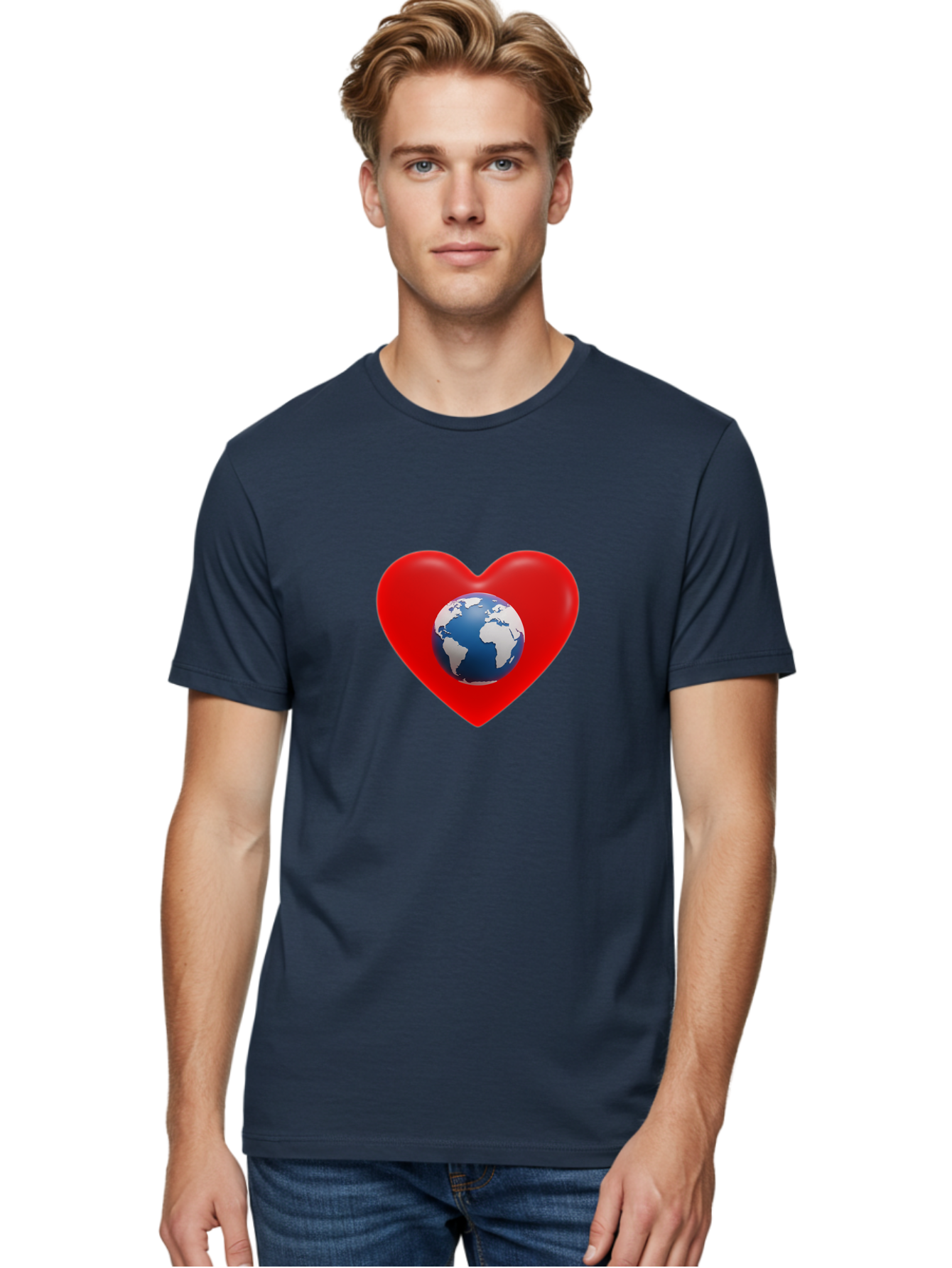 Earth-In-Heart Men'S Graphic Tee, 100% Cotton, Comfortable Casual Summer Wear, Machine Washable, Red Heart Shape, Earth Icon, Love Planet, Global Unity, Eco-Friendly Symbol, Heartwarming Imagery, World Love Baa584
