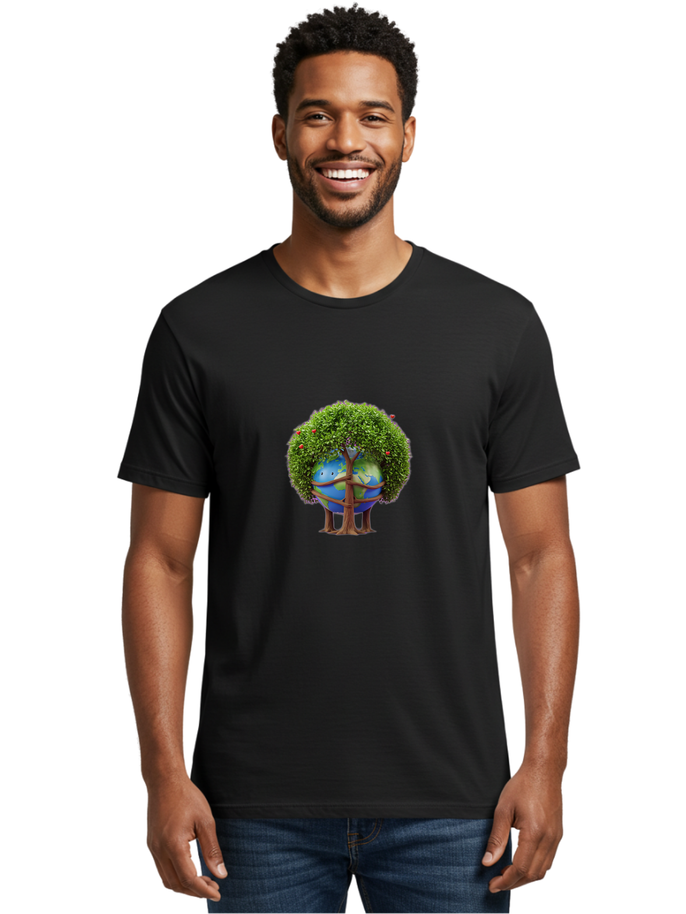 Earth-Tree Men'S Graphic Tee, 100% Cotton, Comfortable Casual Summer Wear, Machine Washable, Earth With Tree, Eco-Friendly, Environmental Conservation, Global Unity, Green Initiative, Sustainable Development, Nature Preservation, Cartoon Globe Baa585