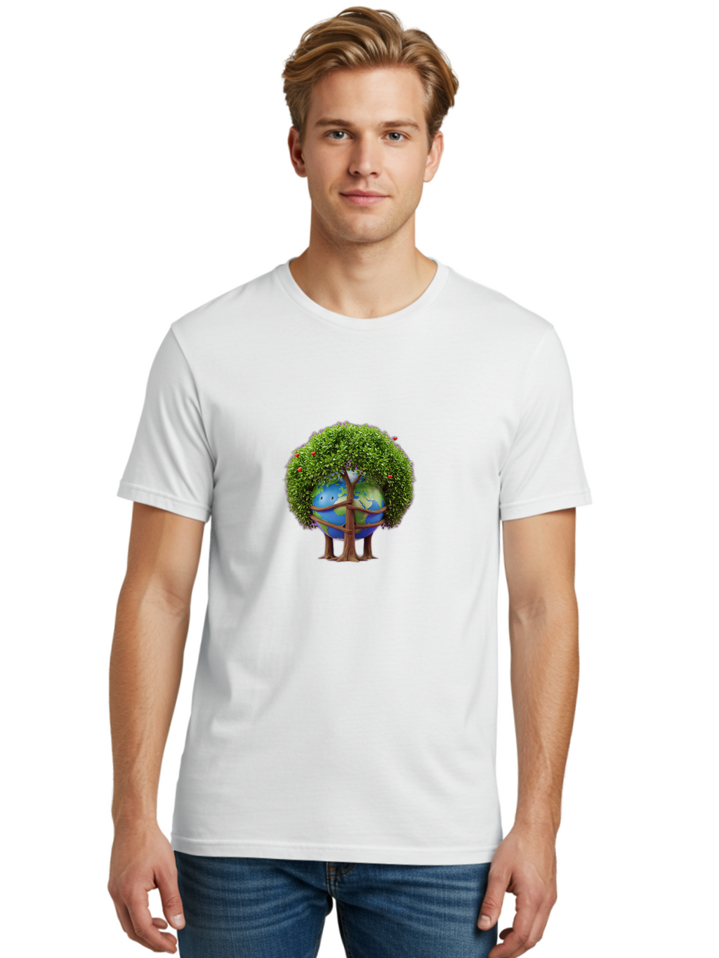 Earth-Tree Men'S Graphic Tee, 100% Cotton, Comfortable Casual Summer Wear, Machine Washable, Earth With Tree, Eco-Friendly, Environmental Conservation, Global Unity, Green Initiative, Sustainable Development, Nature Preservation, Cartoon Globe Baa585