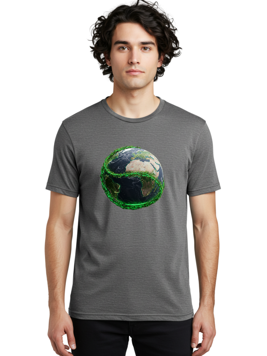 Earth-With-Circuitry Men'S Graphic Tee, 100% Cotton, Comfortable Casual Summer Wear, Machine Washable, Globe With Chain Link, International Security, Global Protection, Earth From Space, Chain Link Fence, Digital Representation, 3D Rendering, Baa586