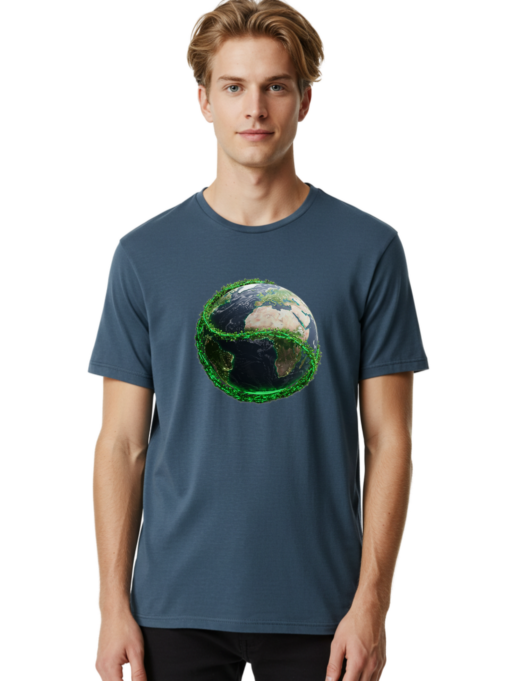 Earth-With-Circuitry Men'S Graphic Tee, 100% Cotton, Comfortable Casual Summer Wear, Machine Washable, Globe With Chain Link, International Security, Global Protection, Earth From Space, Chain Link Fence, Digital Representation, 3D Rendering, Baa586