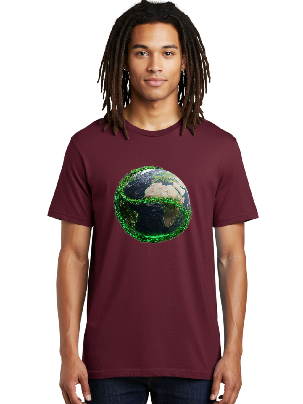 Earth-With-Circuitry Men'S Graphic Tee, 100% Cotton, Comfortable Casual Summer Wear, Machine Washable, Globe With Chain Link, International Security, Global Protection, Earth From Space, Chain Link Fence, Digital Representation, 3D Rendering, Baa586