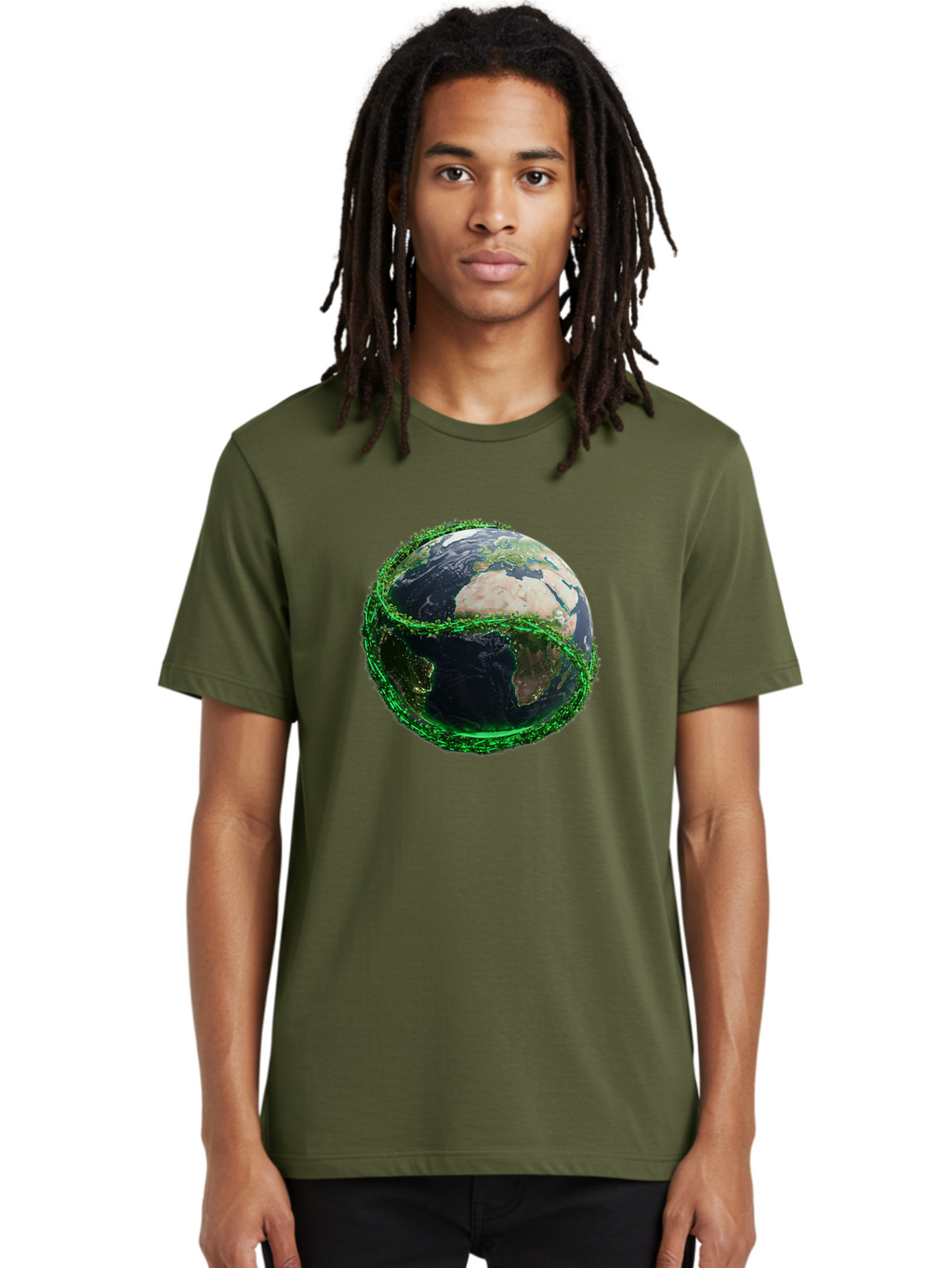 Earth-With-Circuitry Men'S Graphic Tee, 100% Cotton, Comfortable Casual Summer Wear, Machine Washable, Globe With Chain Link, International Security, Global Protection, Earth From Space, Chain Link Fence, Digital Representation, 3D Rendering, Baa586