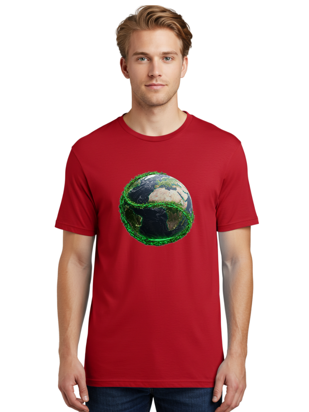 Earth-With-Circuitry Men'S Graphic Tee, 100% Cotton, Comfortable Casual Summer Wear, Machine Washable, Globe With Chain Link, International Security, Global Protection, Earth From Space, Chain Link Fence, Digital Representation, 3D Rendering, Baa586