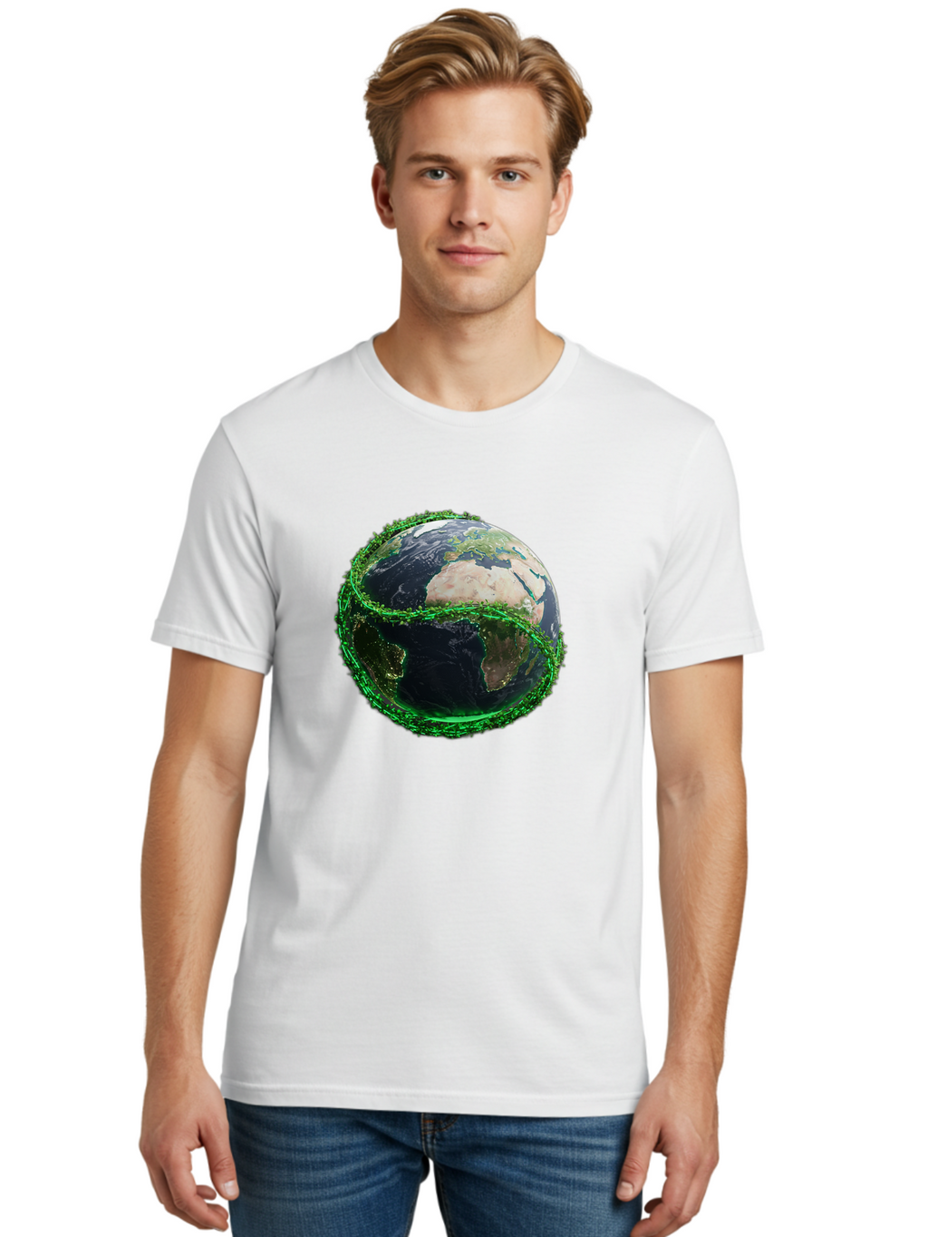 Earth-With-Circuitry Men'S Graphic Tee, 100% Cotton, Comfortable Casual Summer Wear, Machine Washable, Globe With Chain Link, International Security, Global Protection, Earth From Space, Chain Link Fence, Digital Representation, 3D Rendering, Baa586