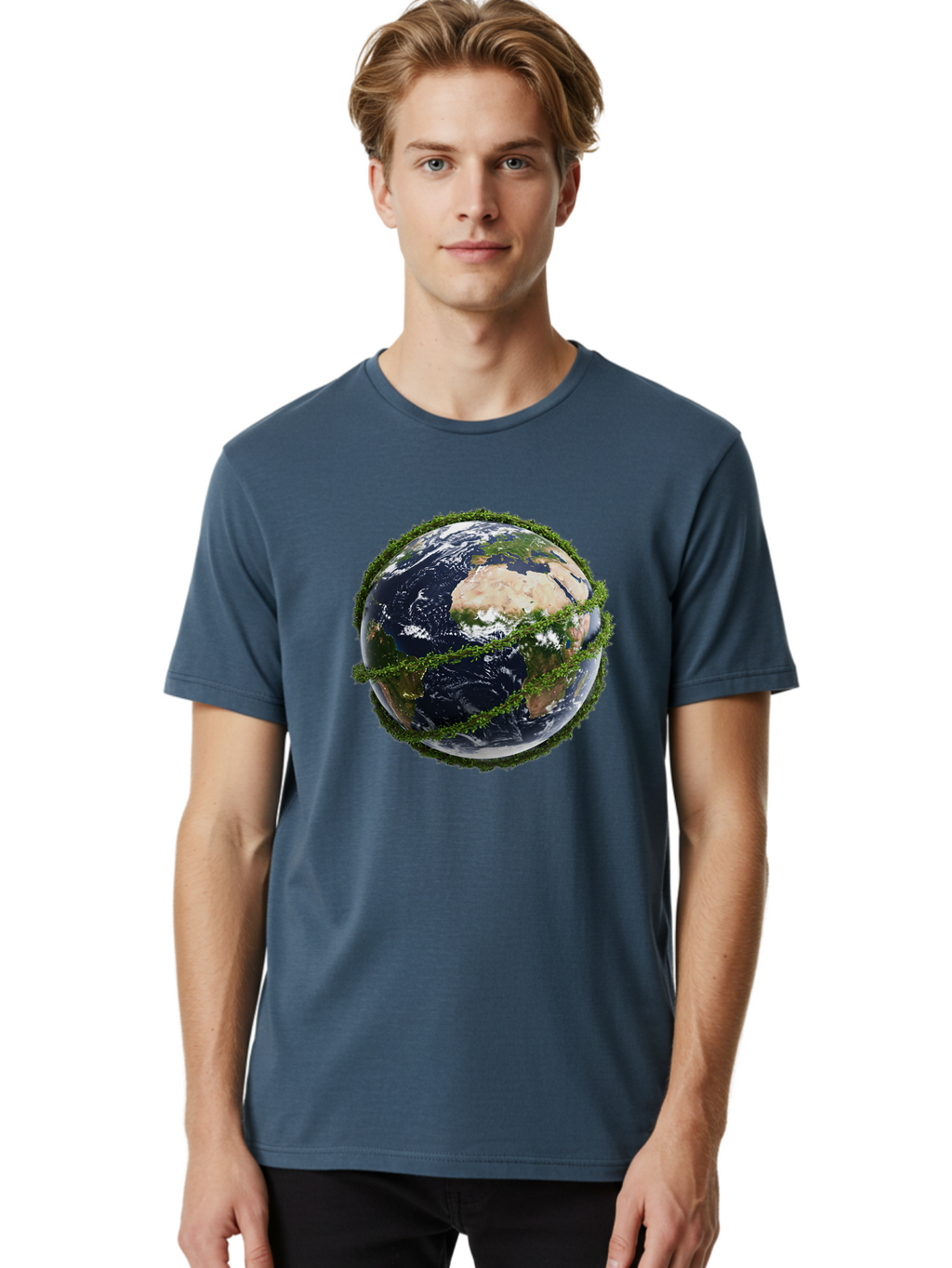 Earth-With-Foliage Men'S Graphic Tee, 100% Cotton, Comfortable Casual Summer Wear, Machine Washable, Globe Surrounded By Greenery, Earth From Space, Environmental Conservation, Global Unity, Sustainable Living, Eco-Friendly, Planet Earth, Baa587