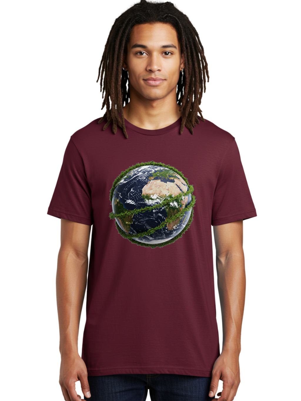 Earth-With-Foliage Men'S Graphic Tee, 100% Cotton, Comfortable Casual Summer Wear, Machine Washable, Globe Surrounded By Greenery, Earth From Space, Environmental Conservation, Global Unity, Sustainable Living, Eco-Friendly, Planet Earth, Baa587