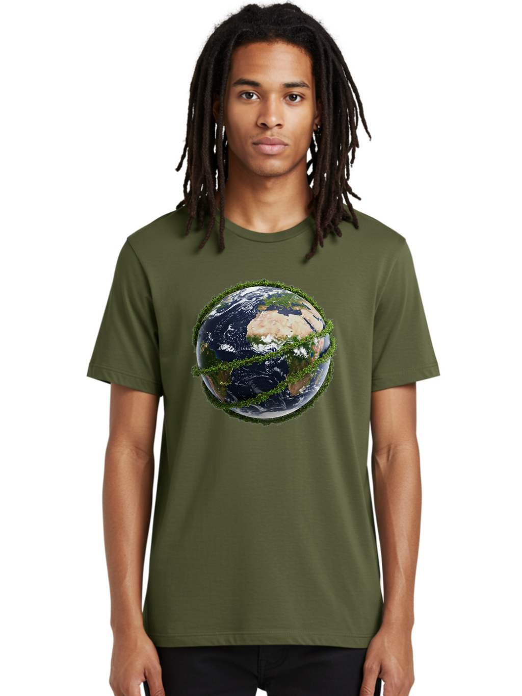 Earth-With-Foliage Men'S Graphic Tee, 100% Cotton, Comfortable Casual Summer Wear, Machine Washable, Globe Surrounded By Greenery, Earth From Space, Environmental Conservation, Global Unity, Sustainable Living, Eco-Friendly, Planet Earth, Baa587