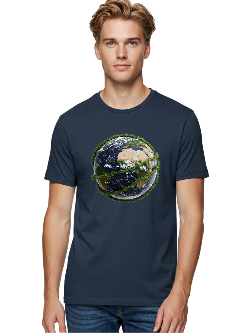 Earth-With-Foliage Men'S Graphic Tee, 100% Cotton, Comfortable Casual Summer Wear, Machine Washable, Globe Surrounded By Greenery, Earth From Space, Environmental Conservation, Global Unity, Sustainable Living, Eco-Friendly, Planet Earth, Baa587