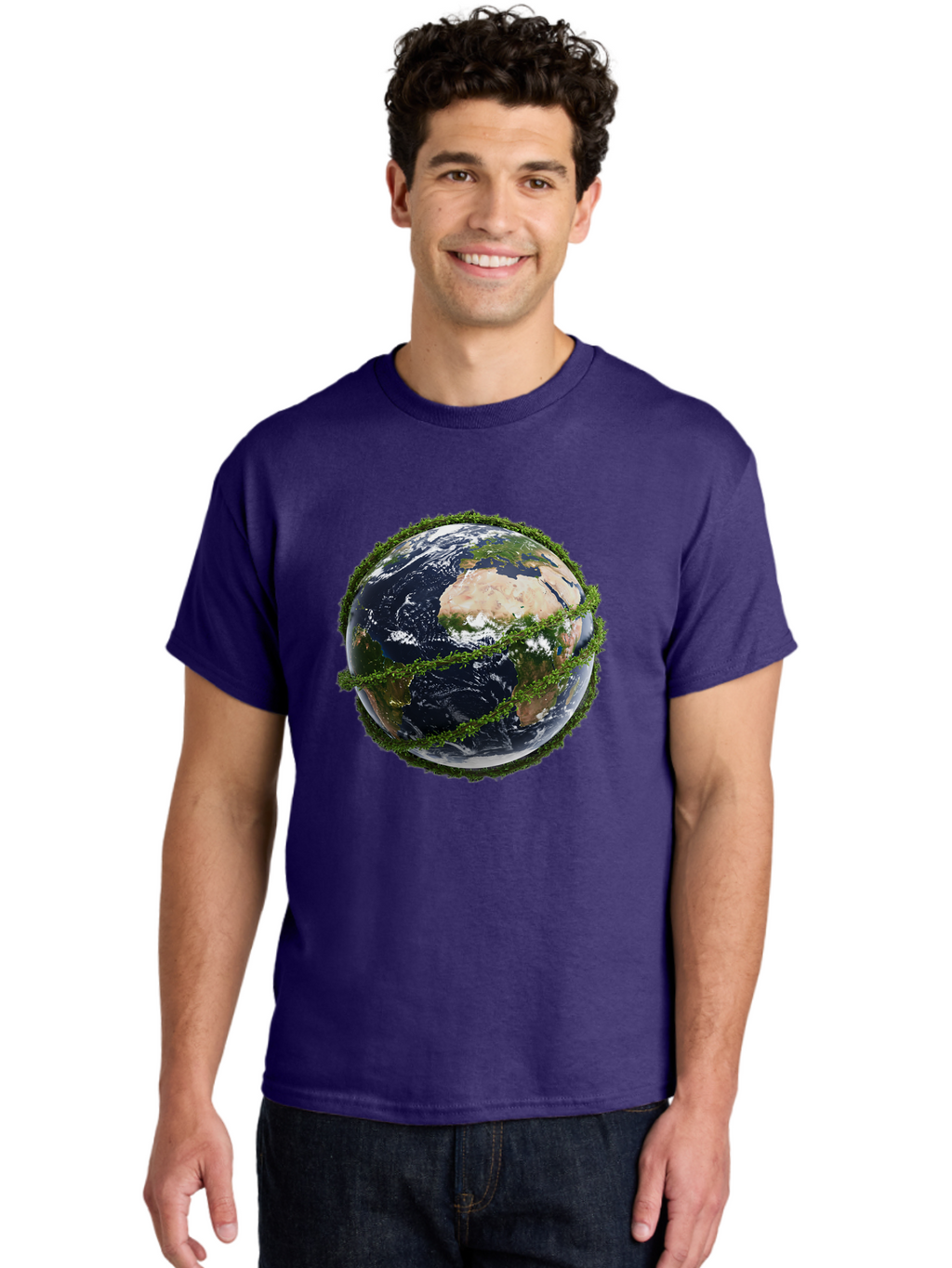 Earth-With-Foliage Men'S Graphic Tee, 100% Cotton, Comfortable Casual Summer Wear, Machine Washable, Globe Surrounded By Greenery, Earth From Space, Environmental Conservation, Global Unity, Sustainable Living, Eco-Friendly, Planet Earth, Baa587