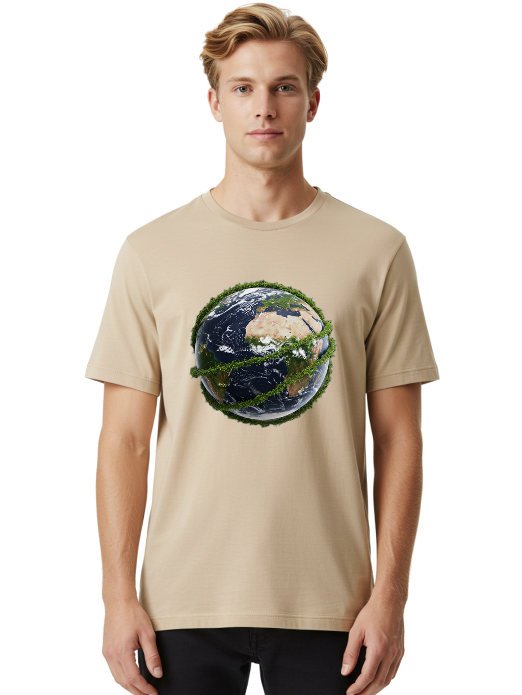 Earth-With-Foliage Men'S Graphic Tee, 100% Cotton, Comfortable Casual Summer Wear, Machine Washable, Globe Surrounded By Greenery, Earth From Space, Environmental Conservation, Global Unity, Sustainable Living, Eco-Friendly, Planet Earth, Baa587
