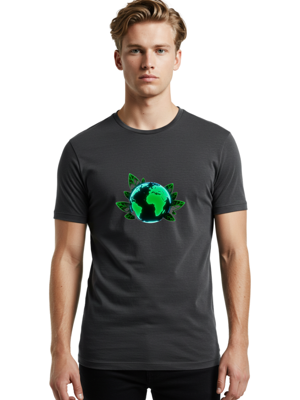 Earth-With-Leaves-1 Men'S Graphic Tee, 100% Cotton, Comfortable Casual Summer Wear, Machine Washable, Globe Surrounded By Leaves, Eco-Friendly, Environmental Awareness, Sustainable Living, Green Initiative, World Unity, Conservation Effort, Baa588