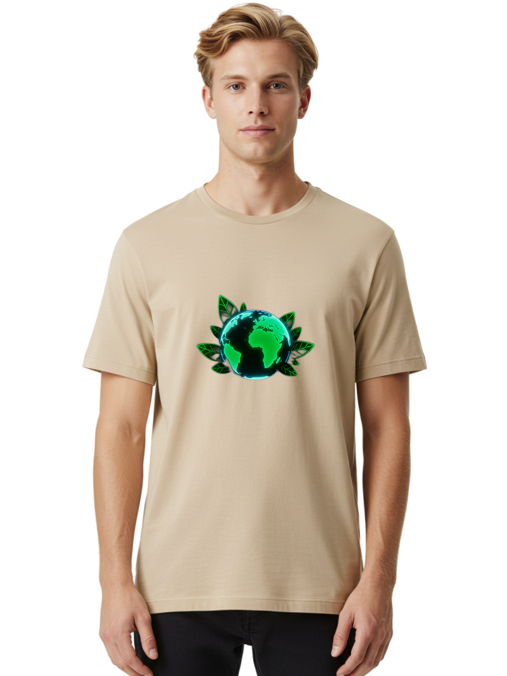 Earth-With-Leaves-1 Men'S Graphic Tee, 100% Cotton, Comfortable Casual Summer Wear, Machine Washable, Globe Surrounded By Leaves, Eco-Friendly, Environmental Awareness, Sustainable Living, Green Initiative, World Unity, Conservation Effort, Baa588
