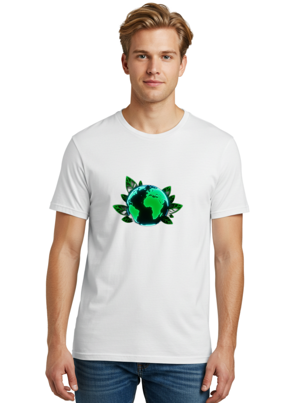 Earth-With-Leaves-1 Men'S Graphic Tee, 100% Cotton, Comfortable Casual Summer Wear, Machine Washable, Globe Surrounded By Leaves, Eco-Friendly, Environmental Awareness, Sustainable Living, Green Initiative, World Unity, Conservation Effort, Baa588
