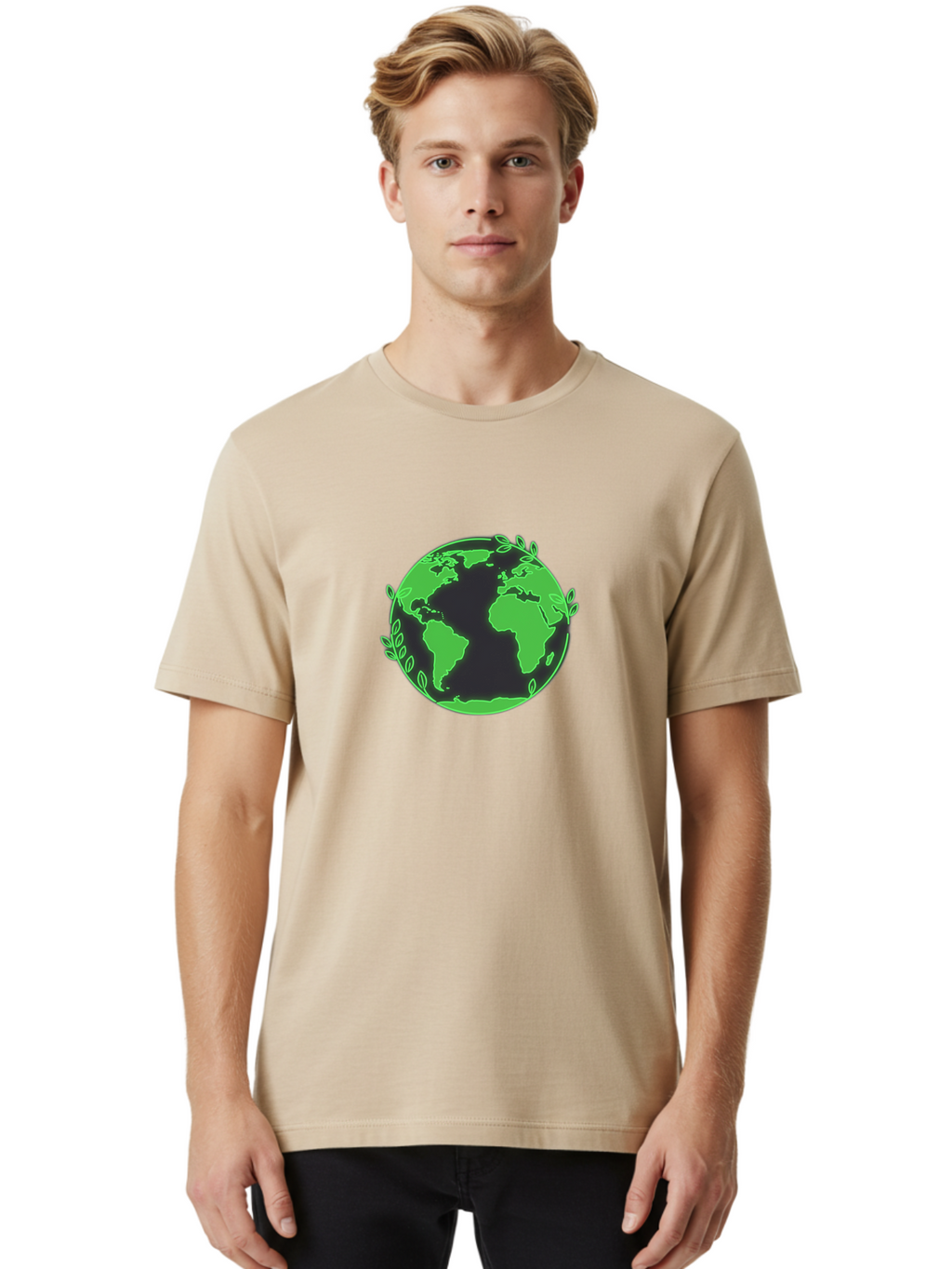 Earth-With-Leaves-2 Men'S Graphic Tee, 100% Cotton, Comfortable Casual Summer Wear, Machine Washable, Green Earth, Leaves Around The Globe, Eco-Friendly, Environmental Awareness, Global Unity, Nature Conservation, Sustainability, Earth Day Baa589