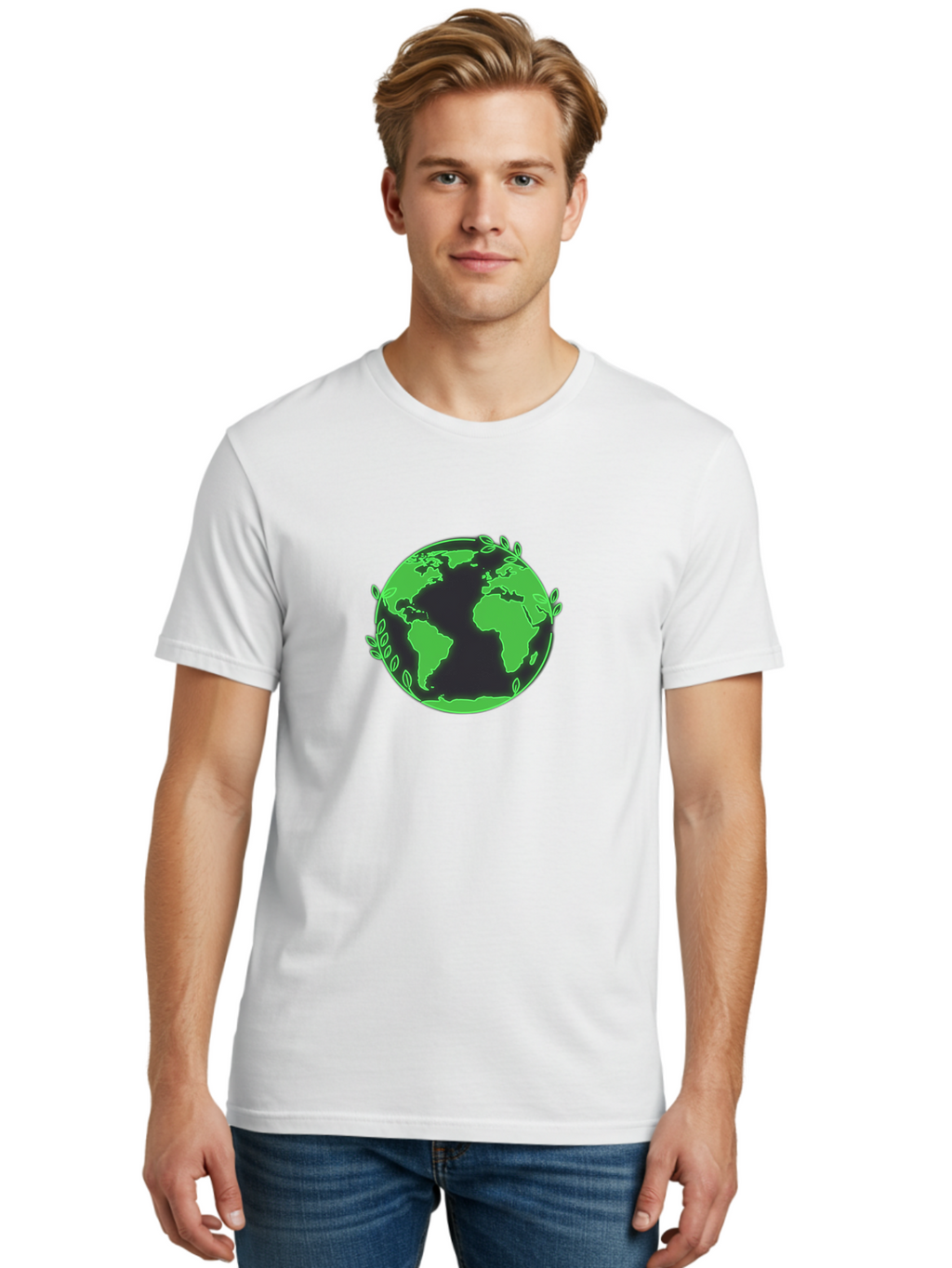 Earth-With-Leaves-2 Men'S Graphic Tee, 100% Cotton, Comfortable Casual Summer Wear, Machine Washable, Green Earth, Leaves Around The Globe, Eco-Friendly, Environmental Awareness, Global Unity, Nature Conservation, Sustainability, Earth Day Baa589