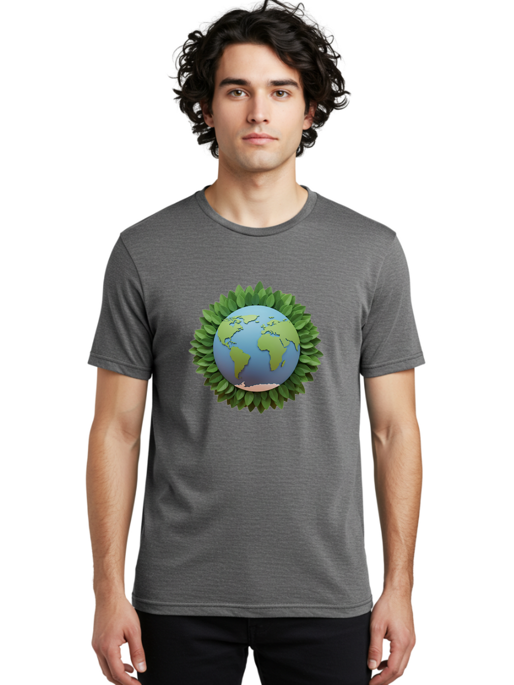 Earth-With-Leaves Men'S Graphic Tee, 100% Cotton, Comfortable Casual Summer Wear, Machine Washable, Globe Surrounded By Leaves, Eco-Friendly, Environmental Conservation, Green Energy, World Map, Eco-Conscious, Sustainability, Planet Earth Baa590