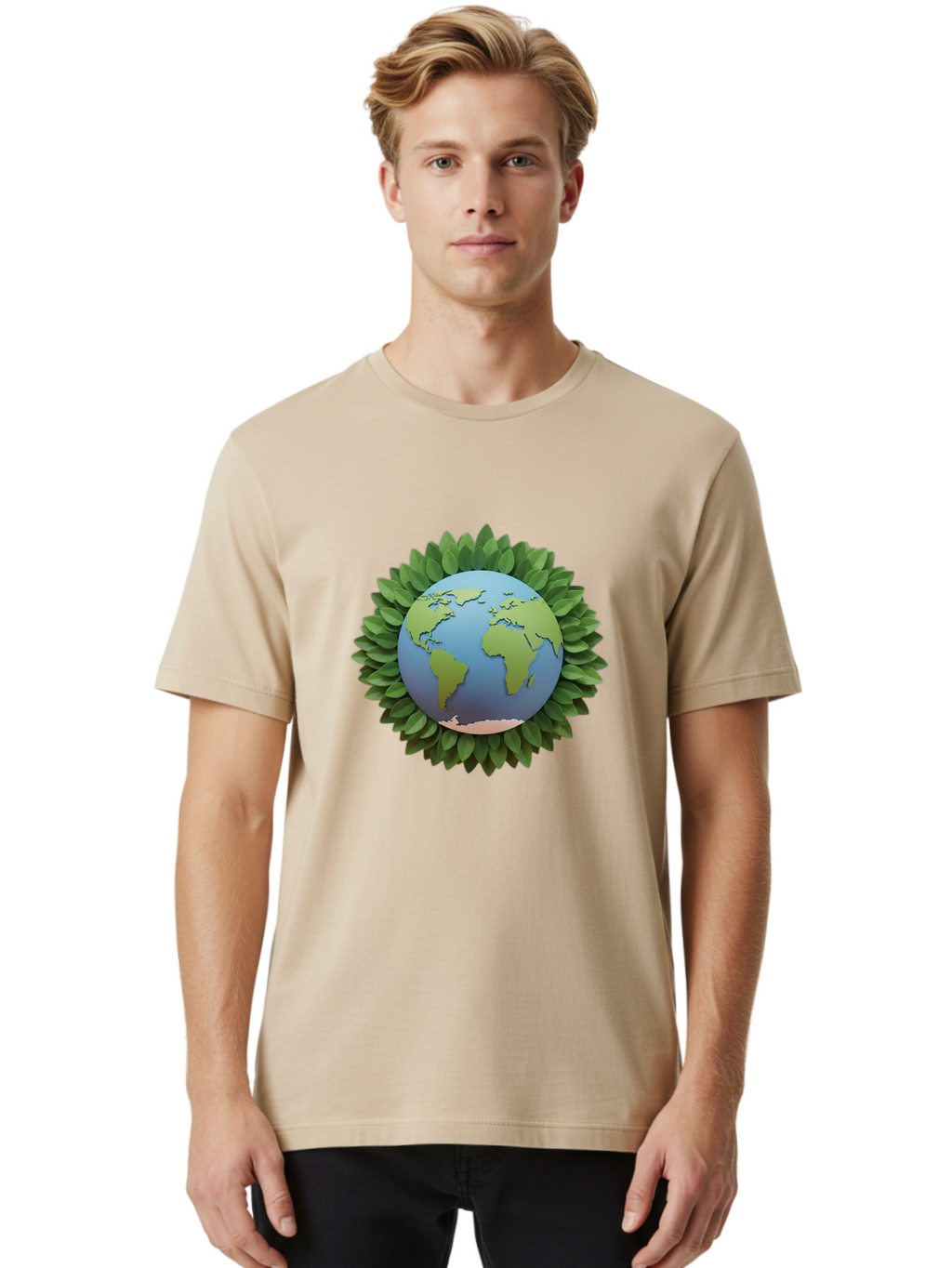 Earth-With-Leaves Men'S Graphic Tee, 100% Cotton, Comfortable Casual Summer Wear, Machine Washable, Globe Surrounded By Leaves, Eco-Friendly, Environmental Conservation, Green Energy, World Map, Eco-Conscious, Sustainability, Planet Earth Baa590