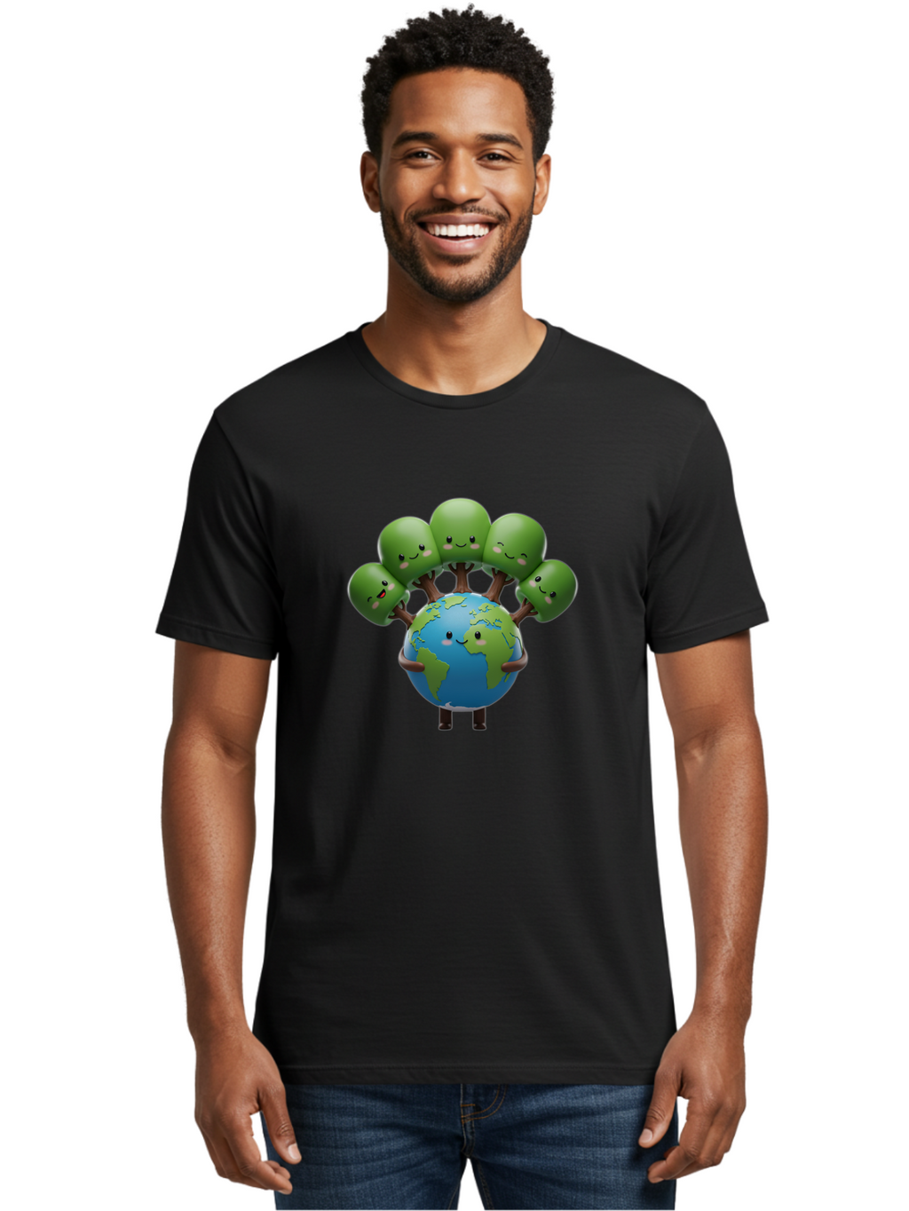 Earth-With-Smiling-Faces Men'S Graphic Tee, 100% Cotton, Comfortable Casual Summer Wear, Machine Washable, Cartoon Earth, Smiling Globe, Green Tentacles, Friendly World, Environmental Awareness, Cute Illustration, Eco-Friendly, Happy Planet, Baa591