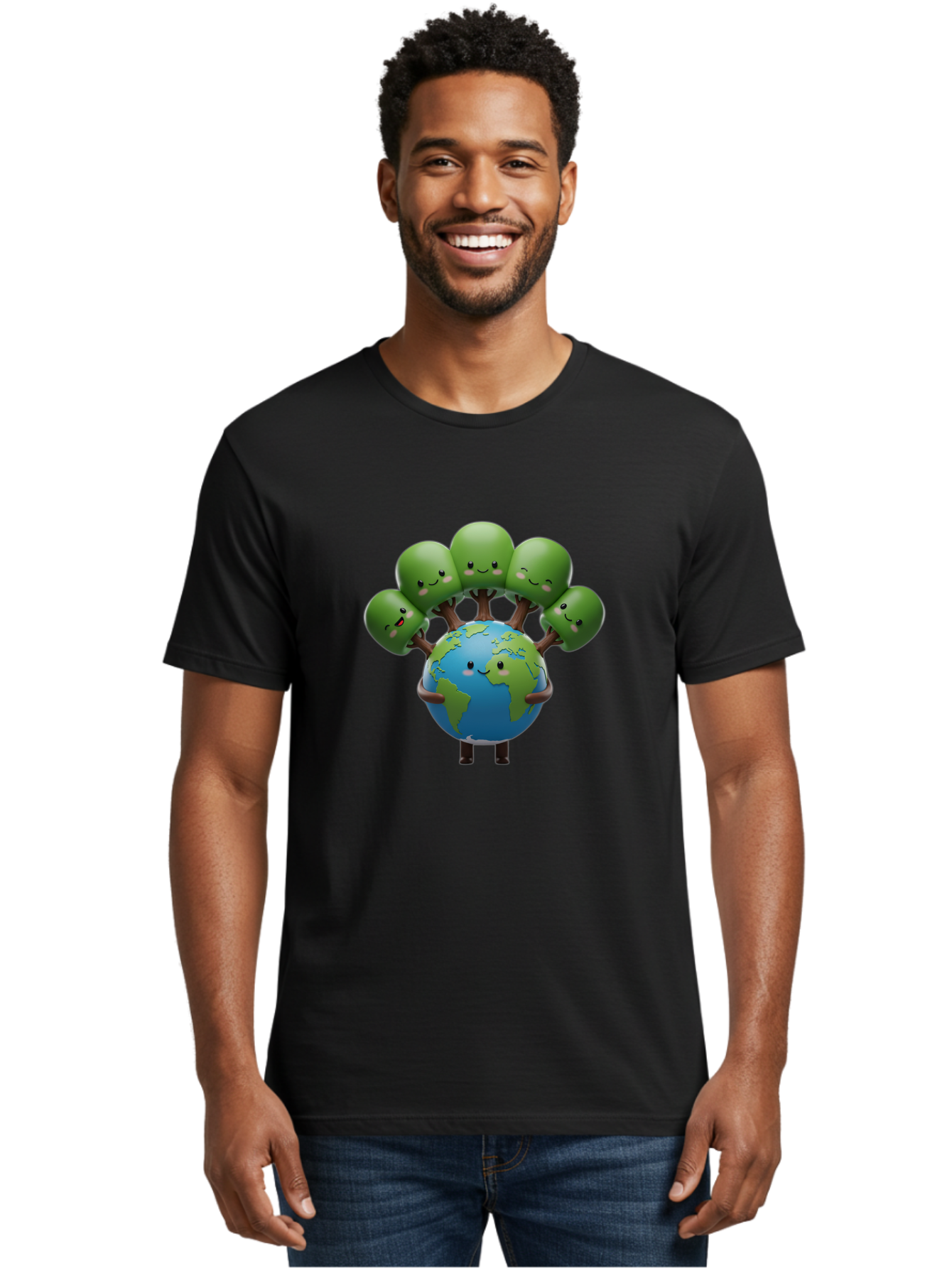 Earth-With-Smiling-Faces Men'S Graphic Tee, 100% Cotton, Comfortable Casual Summer Wear, Machine Washable, Cartoon Earth, Smiling Globe, Green Tentacles, Friendly World, Environmental Awareness, Cute Illustration, Eco-Friendly, Happy Planet, Baa591