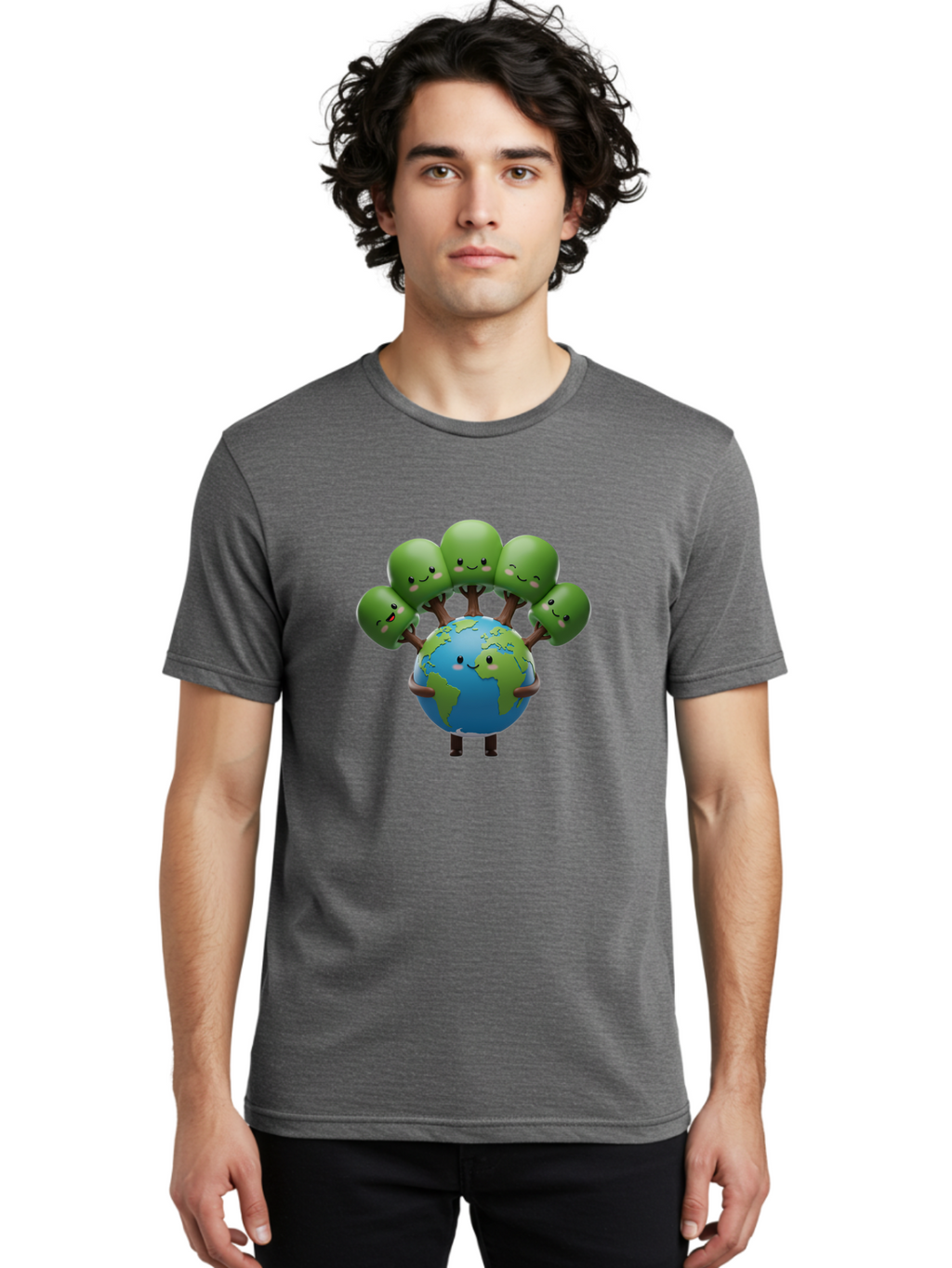 Earth-With-Smiling-Faces Men'S Graphic Tee, 100% Cotton, Comfortable Casual Summer Wear, Machine Washable, Cartoon Earth, Smiling Globe, Green Tentacles, Friendly World, Environmental Awareness, Cute Illustration, Eco-Friendly, Happy Planet, Baa591