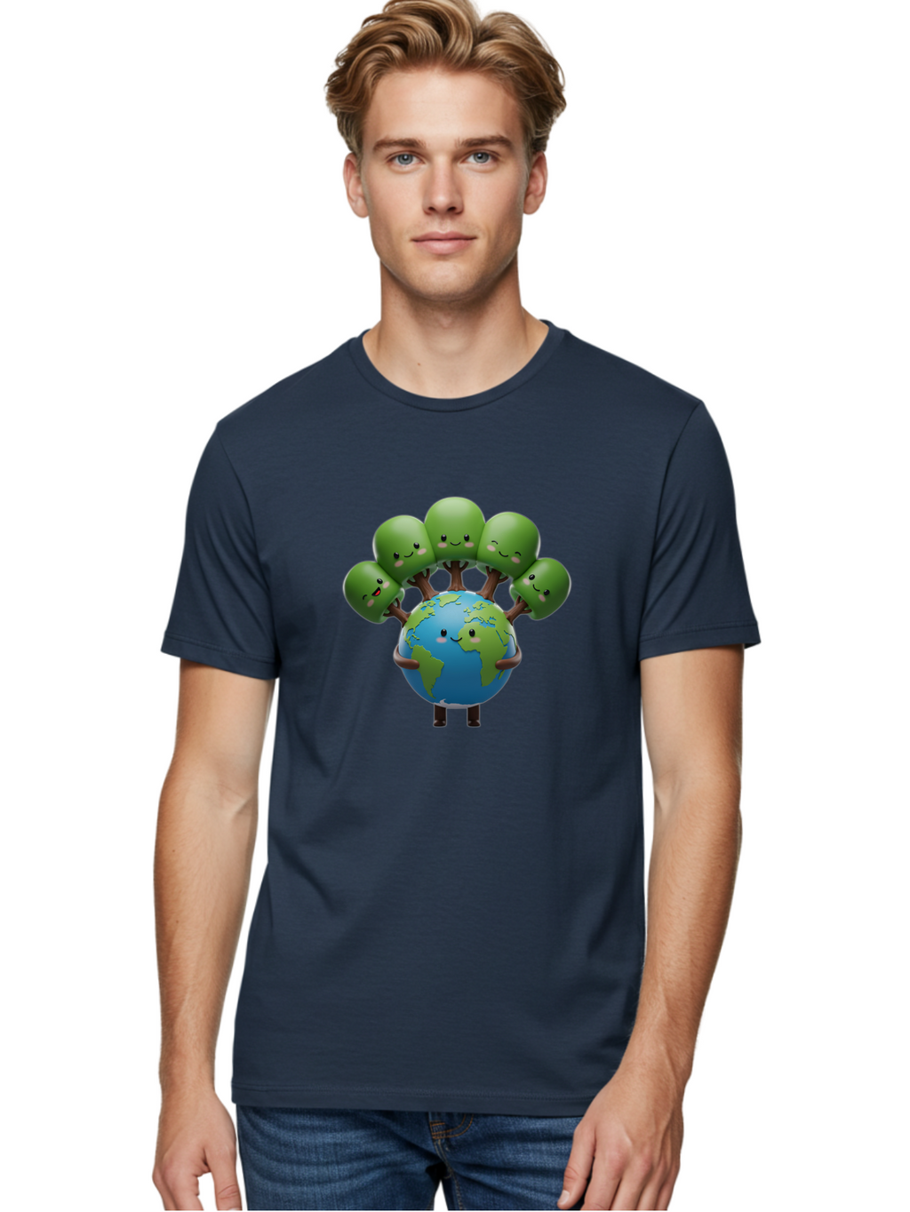 Earth-With-Smiling-Faces Men'S Graphic Tee, 100% Cotton, Comfortable Casual Summer Wear, Machine Washable, Cartoon Earth, Smiling Globe, Green Tentacles, Friendly World, Environmental Awareness, Cute Illustration, Eco-Friendly, Happy Planet, Baa591