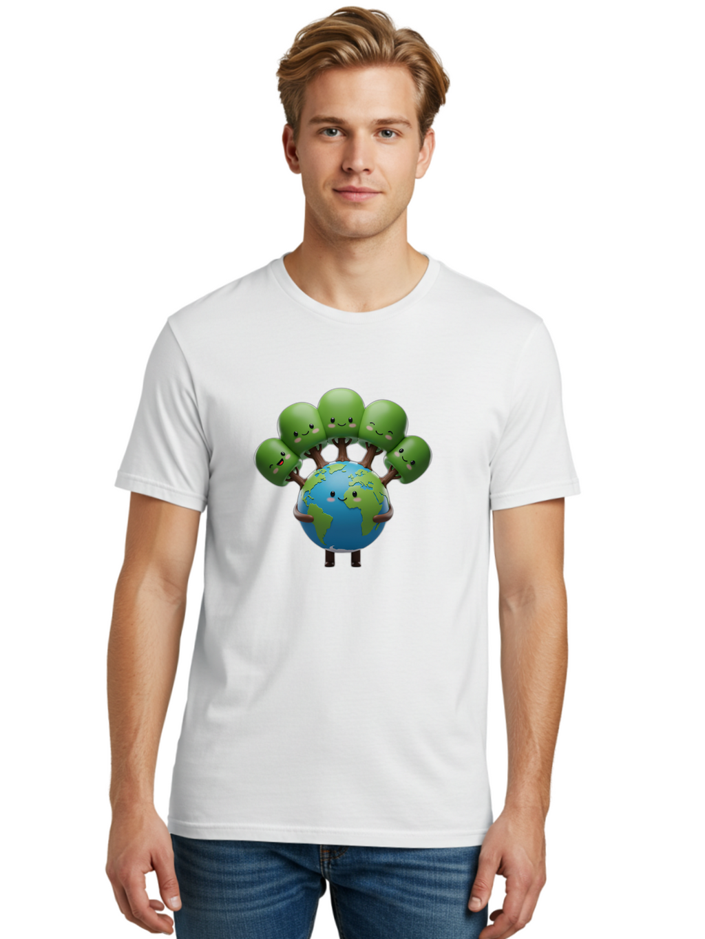 Earth-With-Smiling-Faces Men'S Graphic Tee, 100% Cotton, Comfortable Casual Summer Wear, Machine Washable, Cartoon Earth, Smiling Globe, Green Tentacles, Friendly World, Environmental Awareness, Cute Illustration, Eco-Friendly, Happy Planet, Baa591