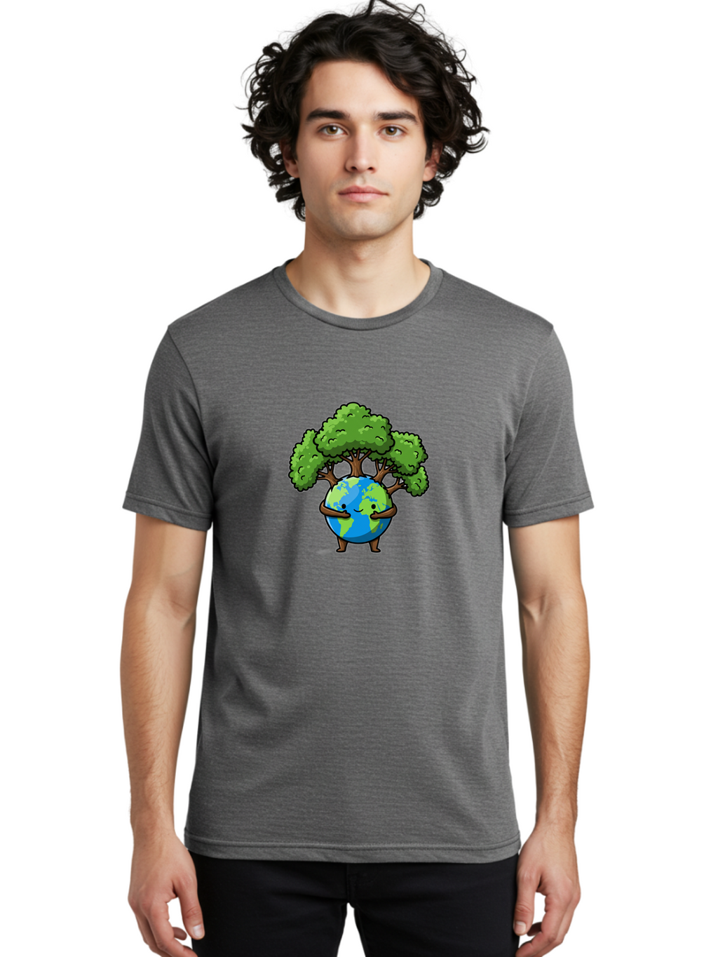 Earth-With-Tree Men'S Graphic Tee, 100% Cotton, Comfortable Casual Summer Wear, Machine Washable, Cartoon Globe, Smiling Earth, Tree On Earth, Environmental Protection, Eco Friendly, Conservation, Sustainability, Green Earth, Eco Awareness Baa592