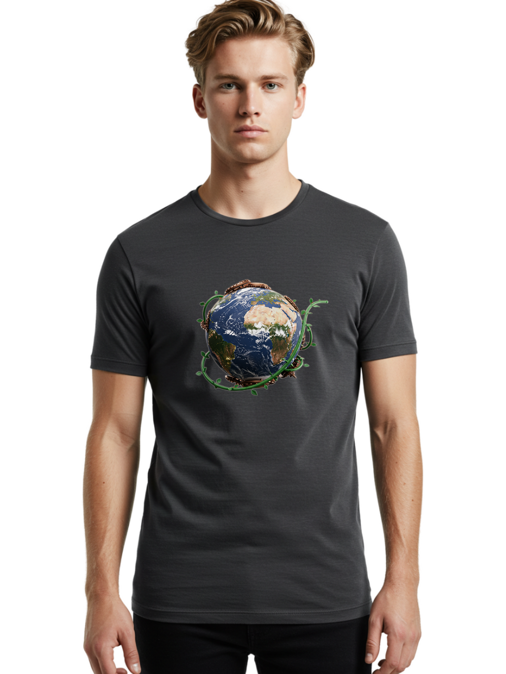 Earth-With-Vines Men'S Graphic Tee, 100% Cotton, Comfortable Casual Summer Wear, Machine Washable, Earth From Space, Global Unity, Environmental Protection, Eco Friendly, Vines, Leaves, Sustainable Living, Planet Earth Baa593