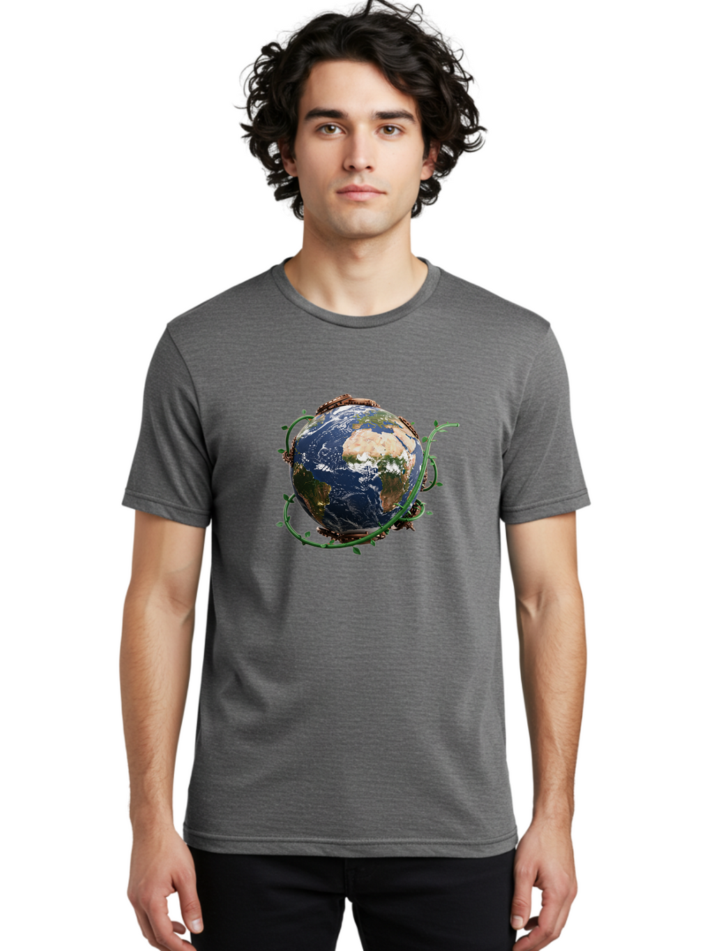 Earth-With-Vines Men'S Graphic Tee, 100% Cotton, Comfortable Casual Summer Wear, Machine Washable, Earth From Space, Global Unity, Environmental Protection, Eco Friendly, Vines, Leaves, Sustainable Living, Planet Earth Baa593